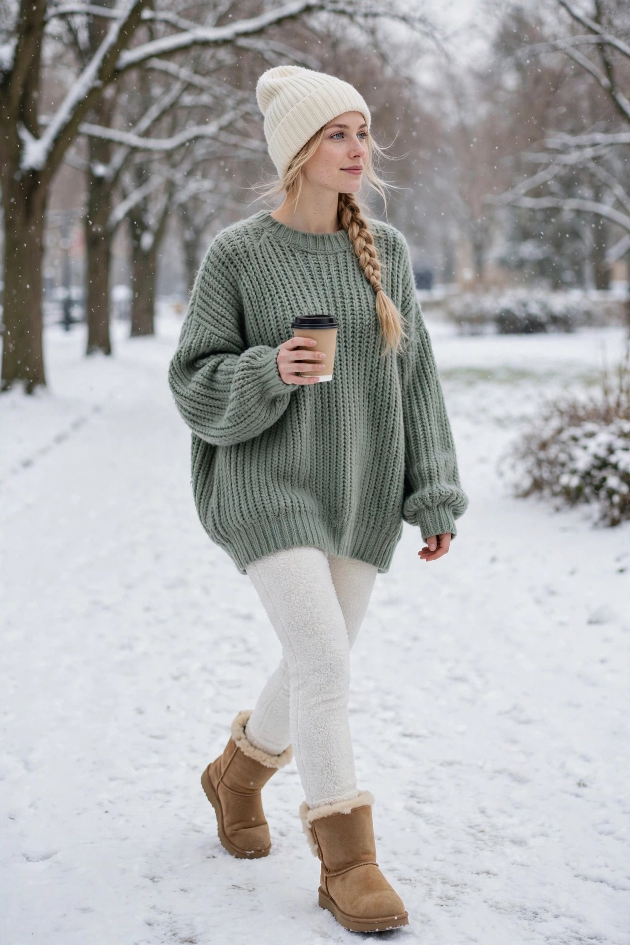 Woman in an oversized sage-green sweater, white fleece leggings and tan ugg-style boots