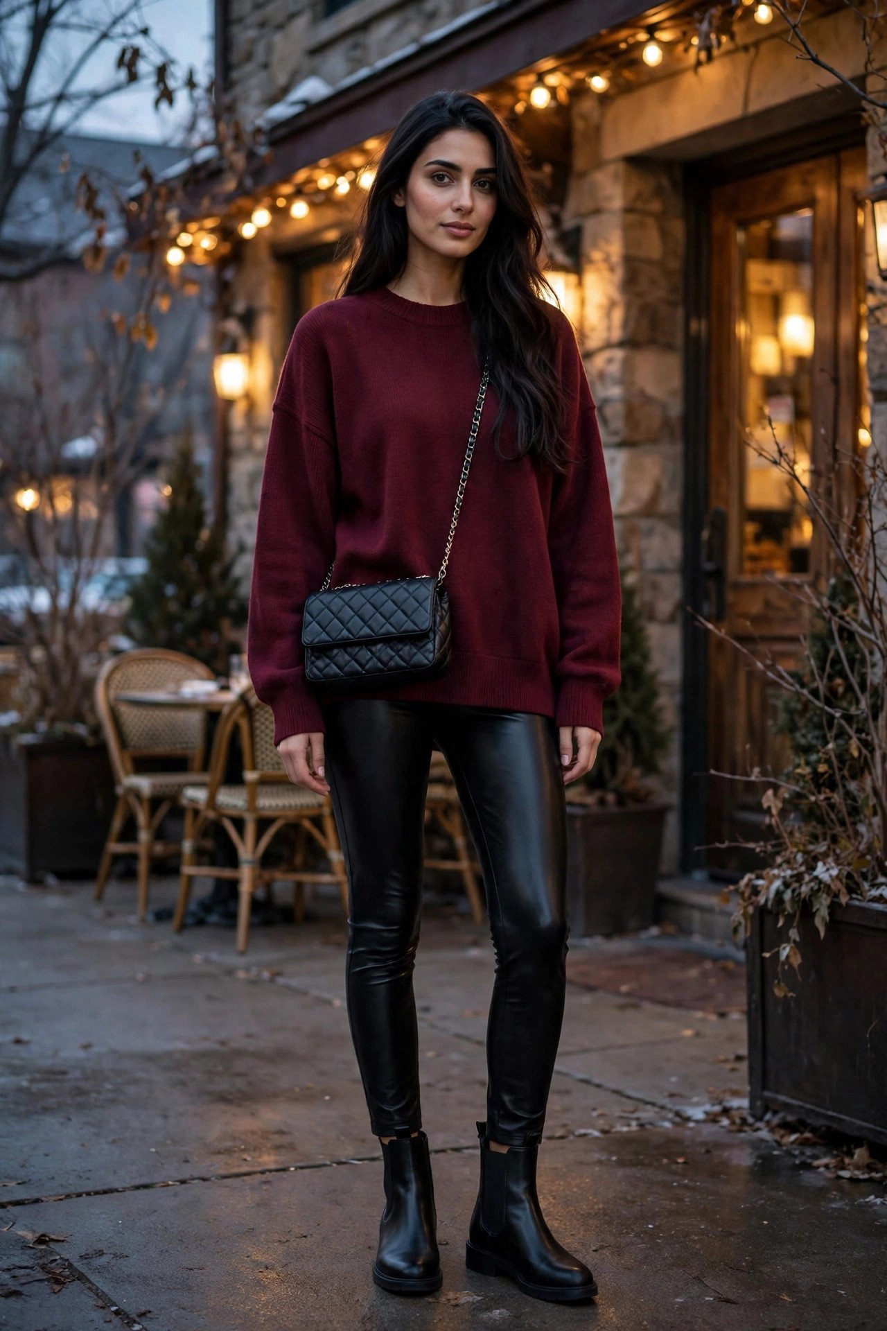 Woman in an oversized burgundy sweater, black faux-leather leggings and Chelsea boots