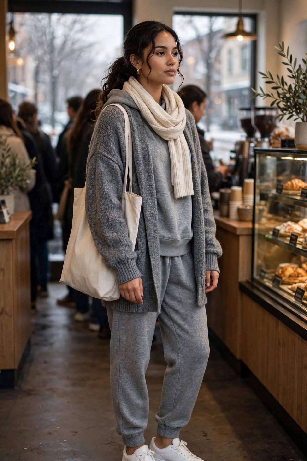 Woman in an oversized grey marl cardigan over a matching grey lounge set with white sneakers