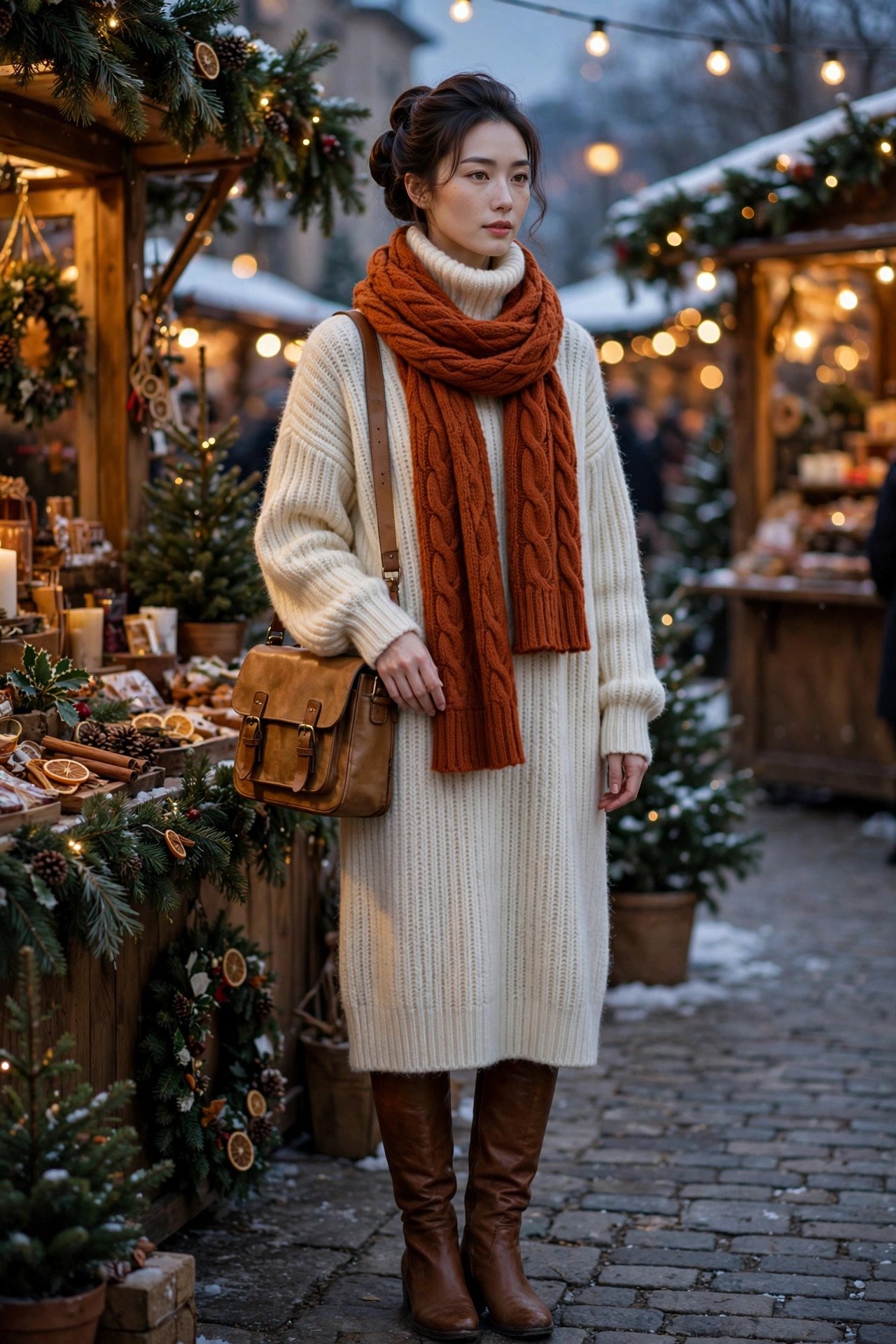 Woman in a cream turtleneck sweater dress with a chunky rust scarf and knee-high boots