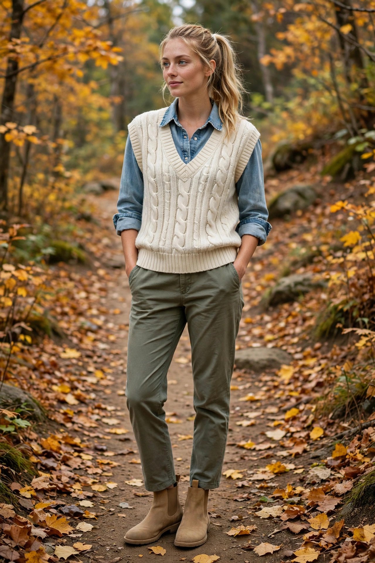 Woman in a light-wash denim shirt, cream cable-knit vest, olive chinos and Chelsea boots