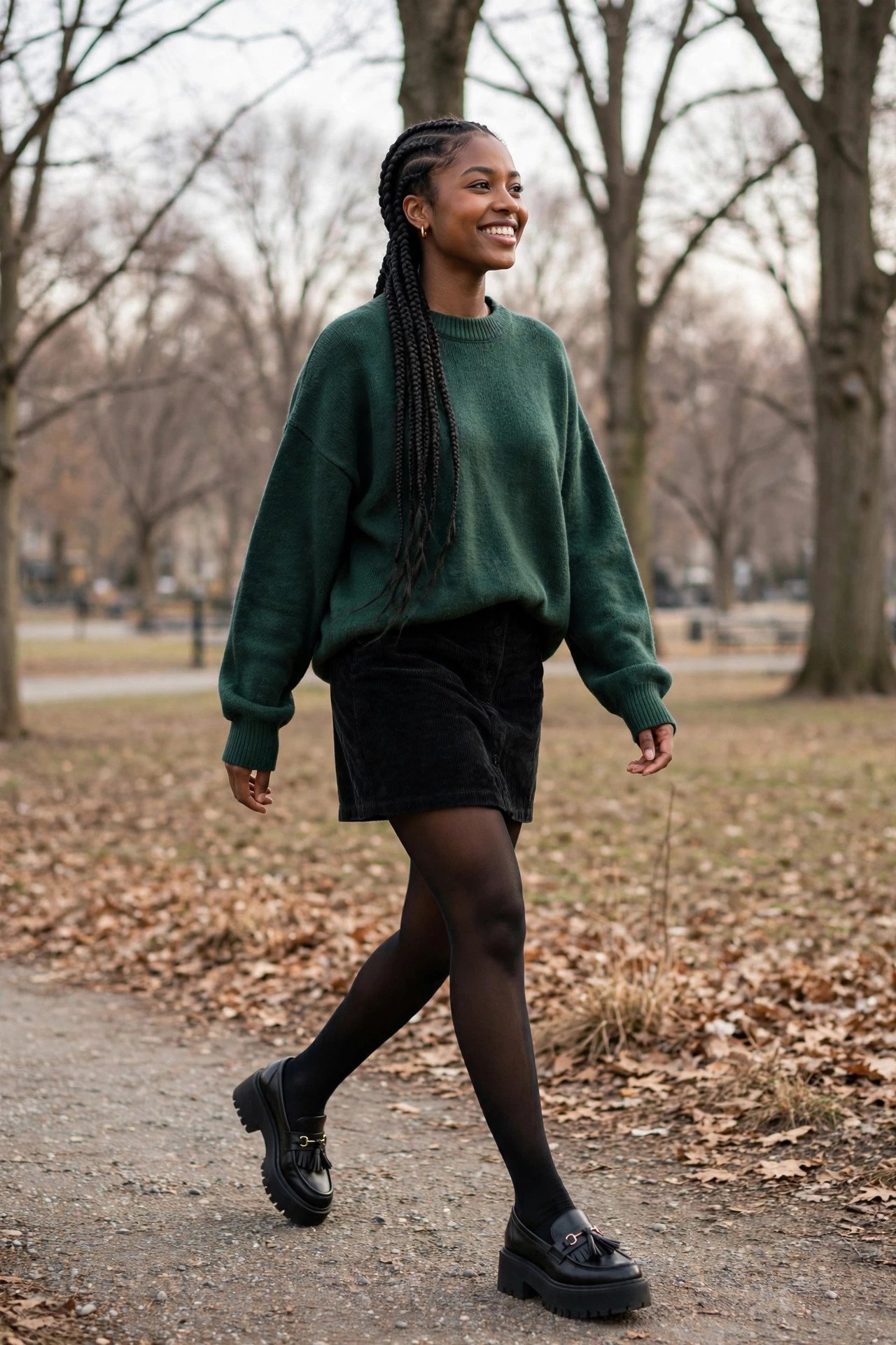 Woman in an oversized forest-green sweater, black corduroy mini skirt, tights and loafers