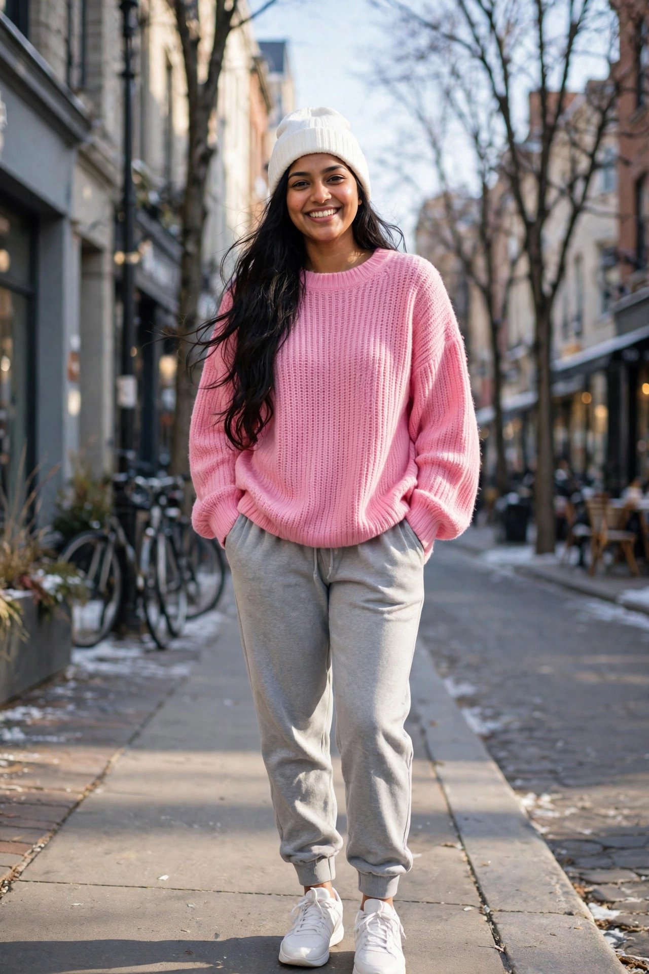 Woman in an oversized pink sweater, light-grey joggers, white sneakers and beanie