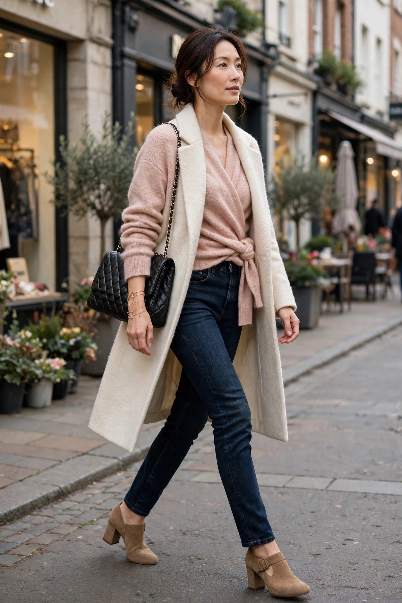 Woman in a blush-pink wrap sweater with high-waisted dark jeans, tan block heels and a cream wool coat