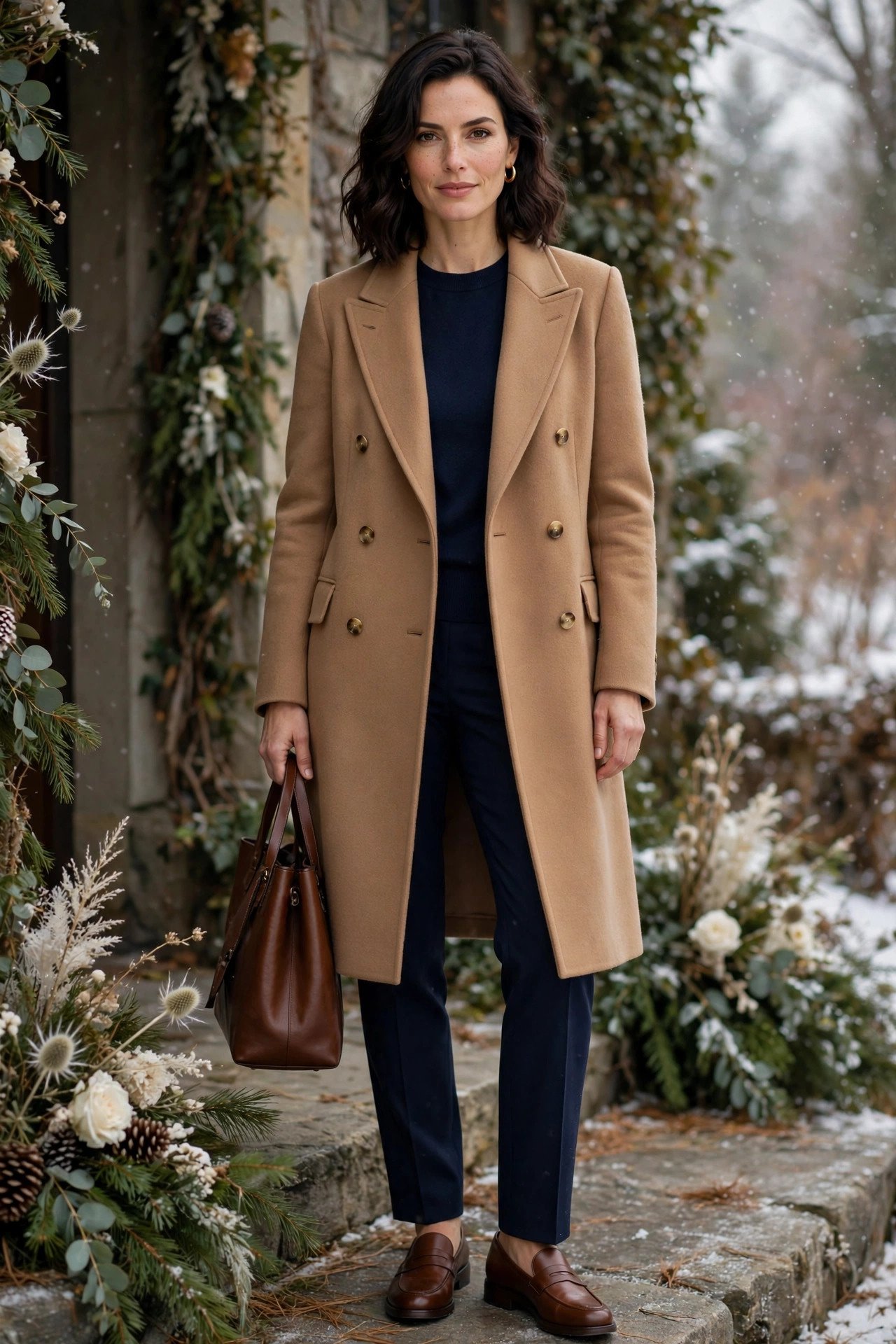 Woman wearing a double-breasted camel coat over a navy crewneck sweater and navy tailored trousers