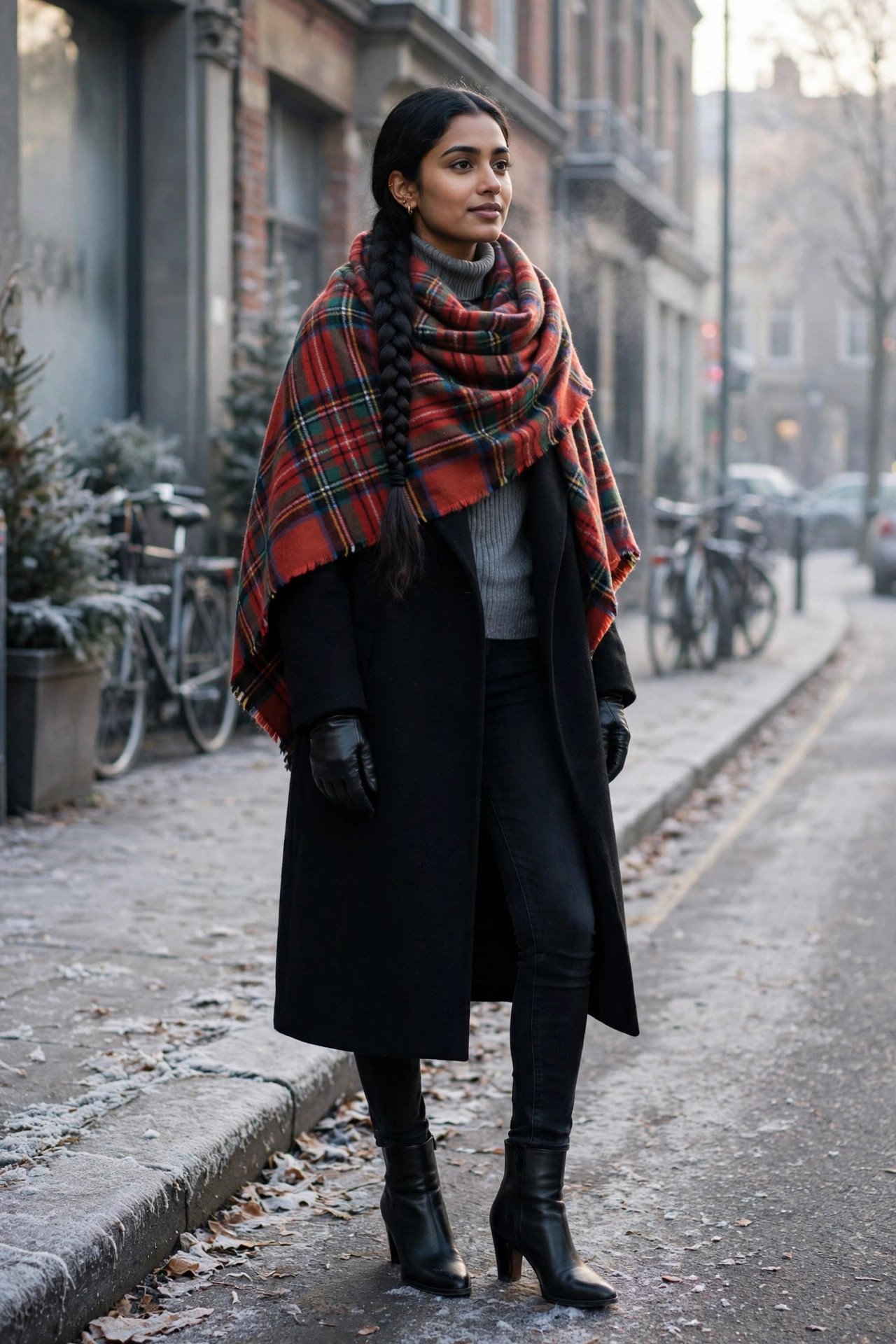 Woman wrapped in an oversized tartan blanket scarf with a grey turtleneck, black jeans and a long black coat