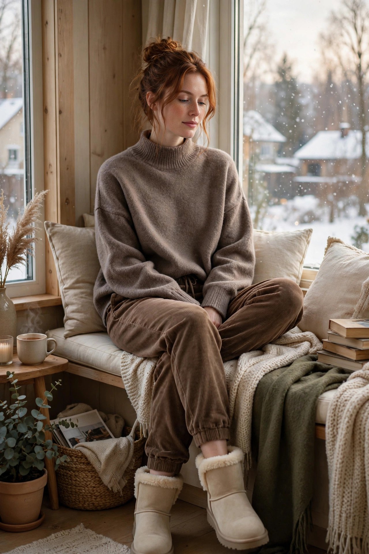 Woman in an oversized taupe mock-neck sweater, brown corduroy joggers and shearling boots