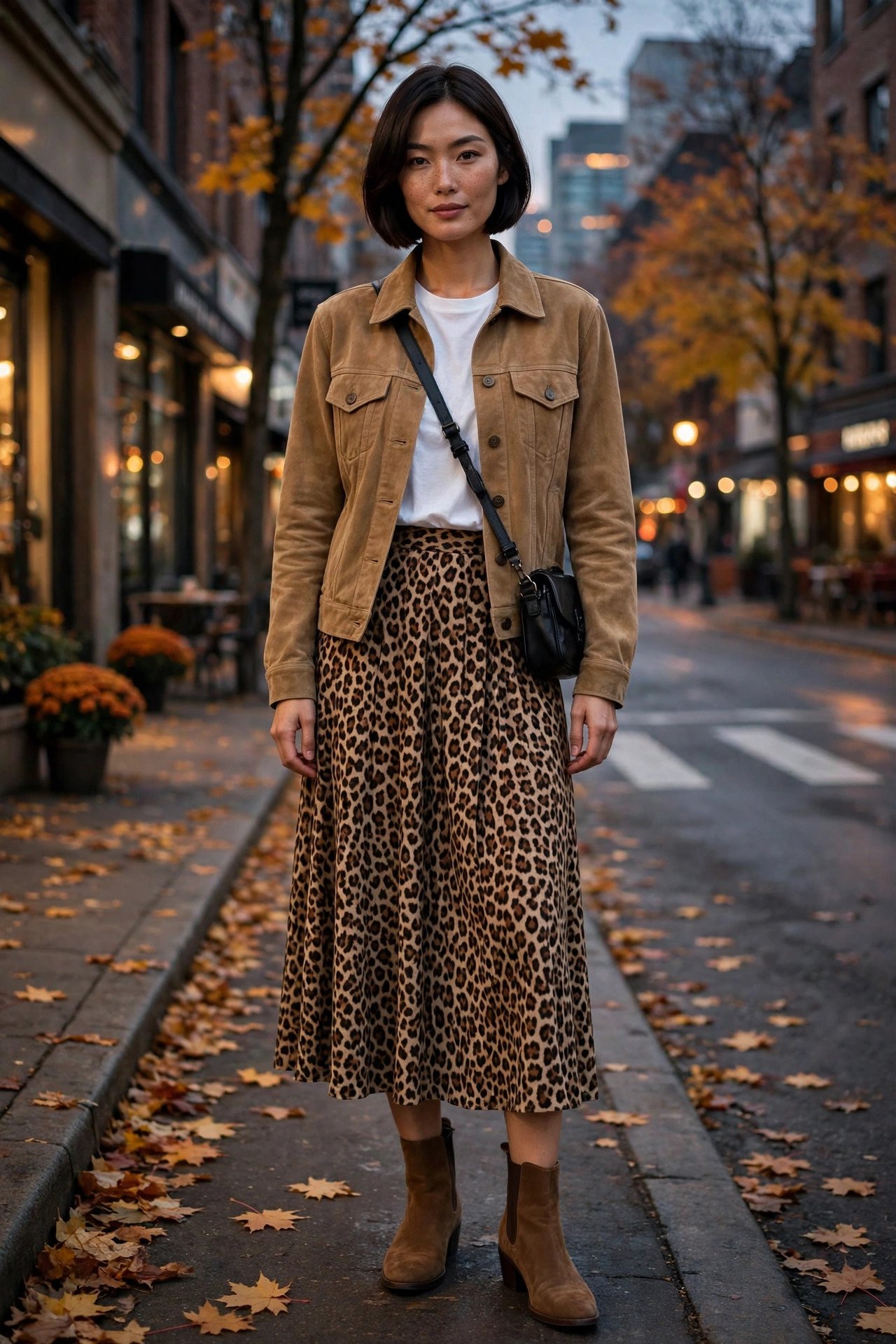 Woman in a tan suede trucker jacket, white tee, leopard midi skirt and ankle boots