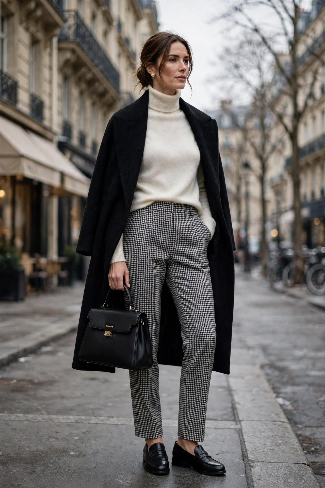 Woman wearing an ivory cashmere turtleneck tucked into black-and-white houndstooth tailored trousers with black loafers