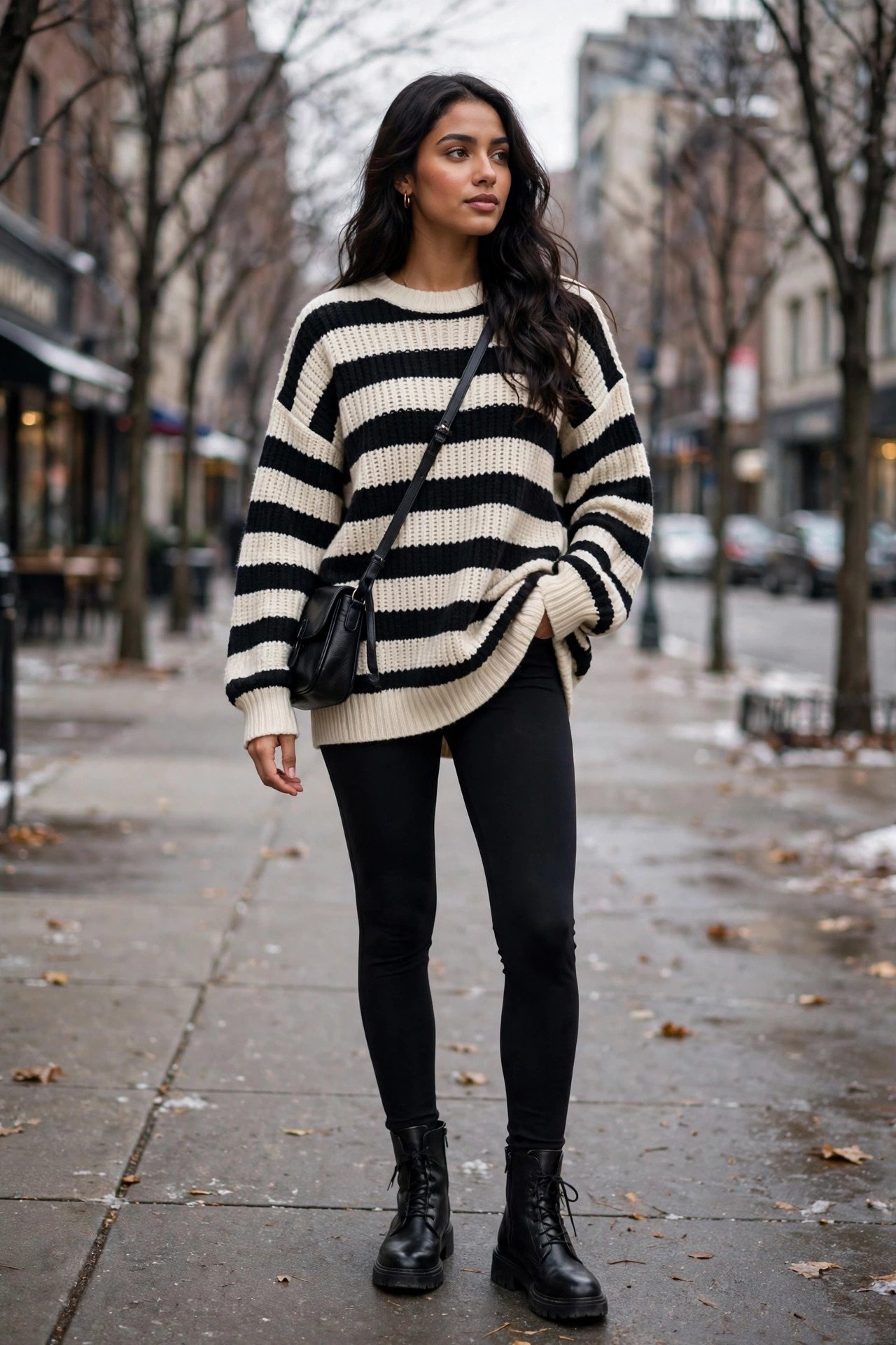 Woman in a black-and-cream striped oversized sweater, black leggings and ankle boots