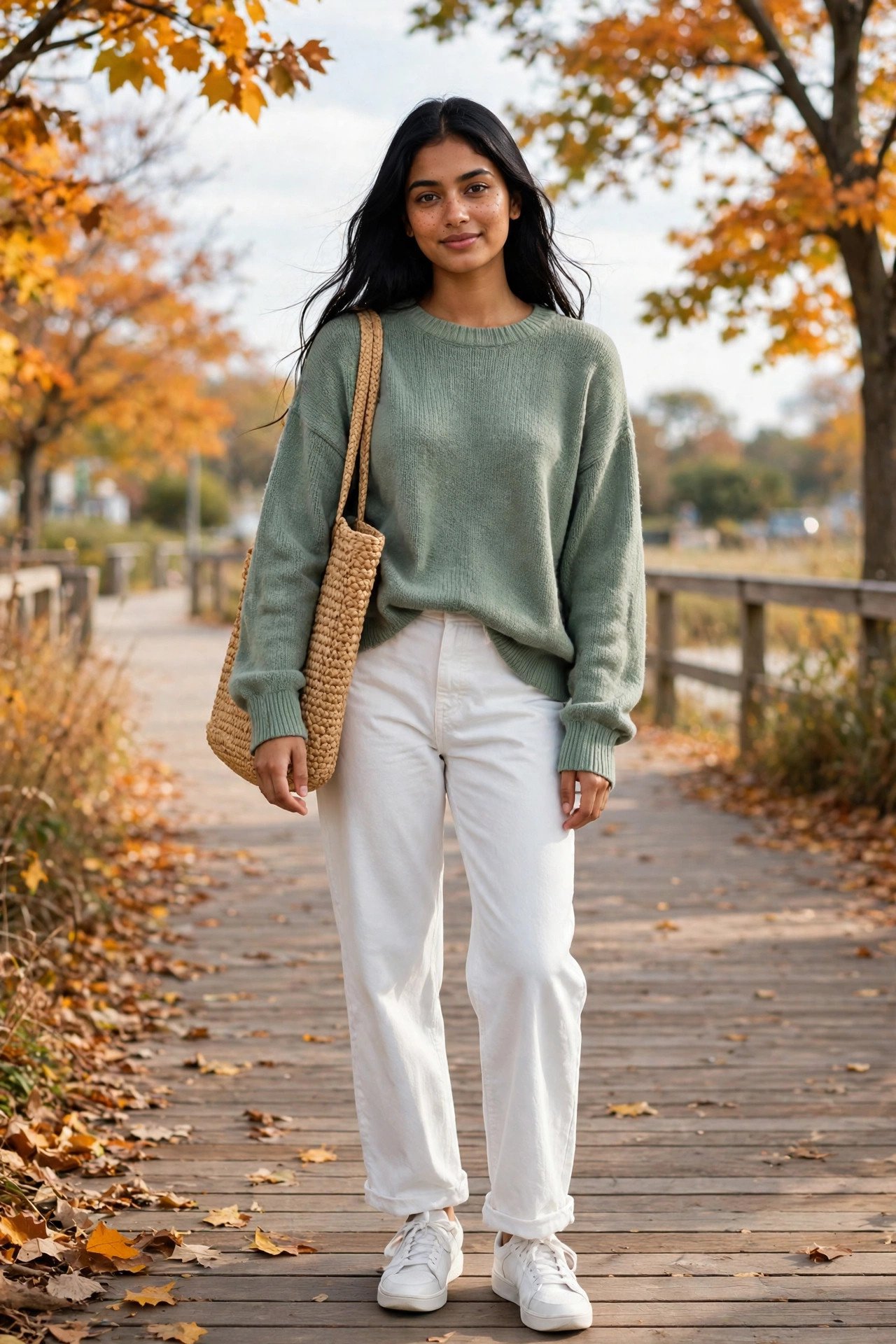 Woman in a sage-green relaxed sweater, white wide-leg jeans and white sneakers