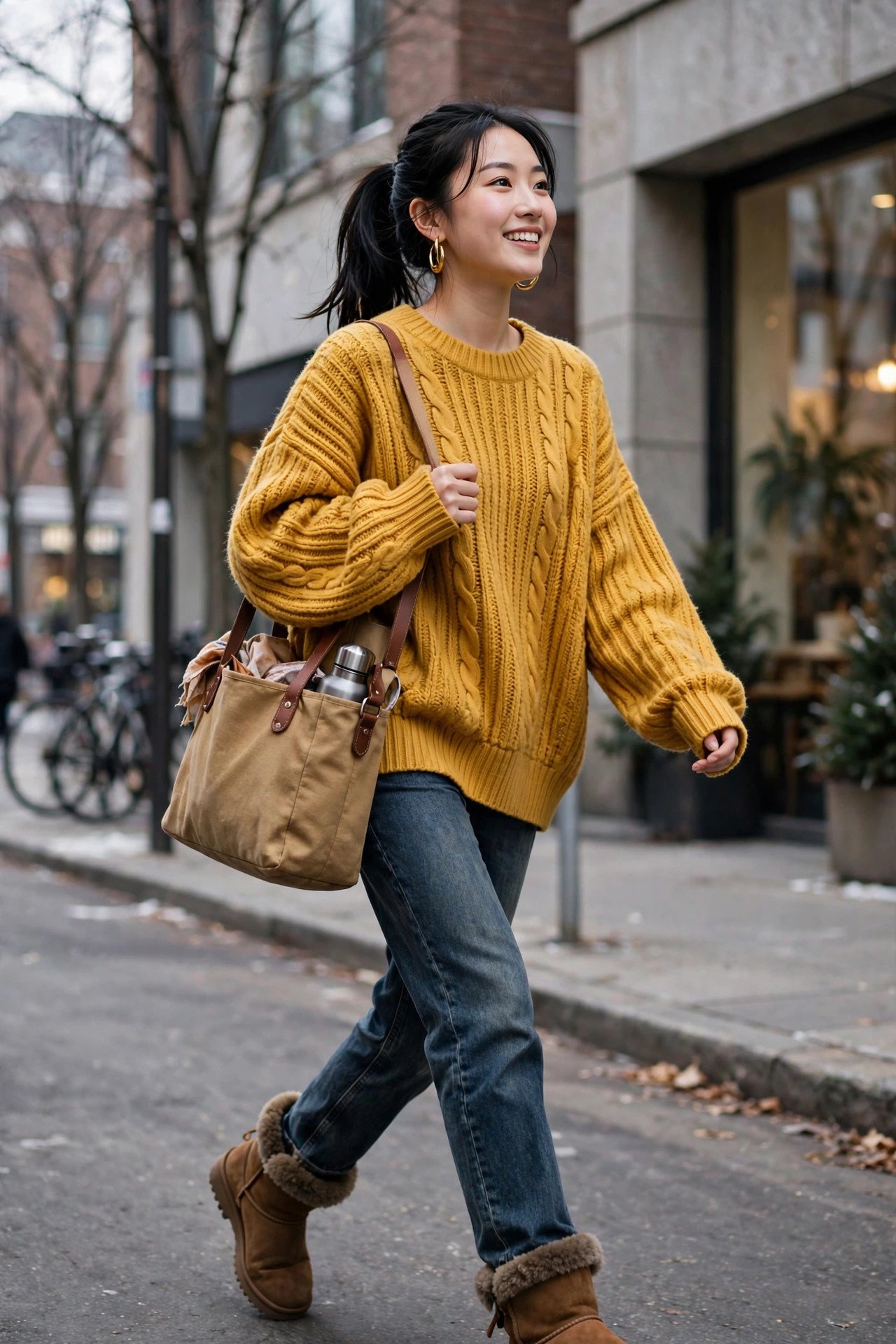 Woman in an oversized mustard-yellow sweater, dark-wash jeans and fuzzy-lined boots