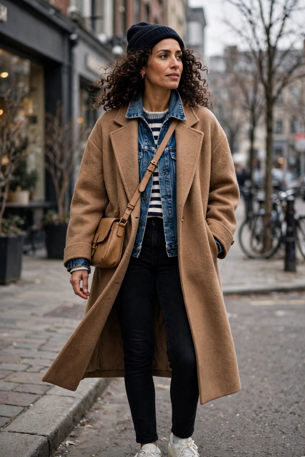 Woman in a denim jacket layered under an oversized camel wool coat with a striped sweater and black jeans