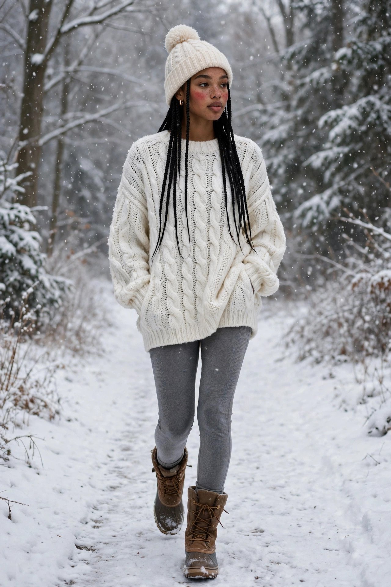 Woman in an oversized white fisherman-knit sweater, grey thermal leggings and snow boots