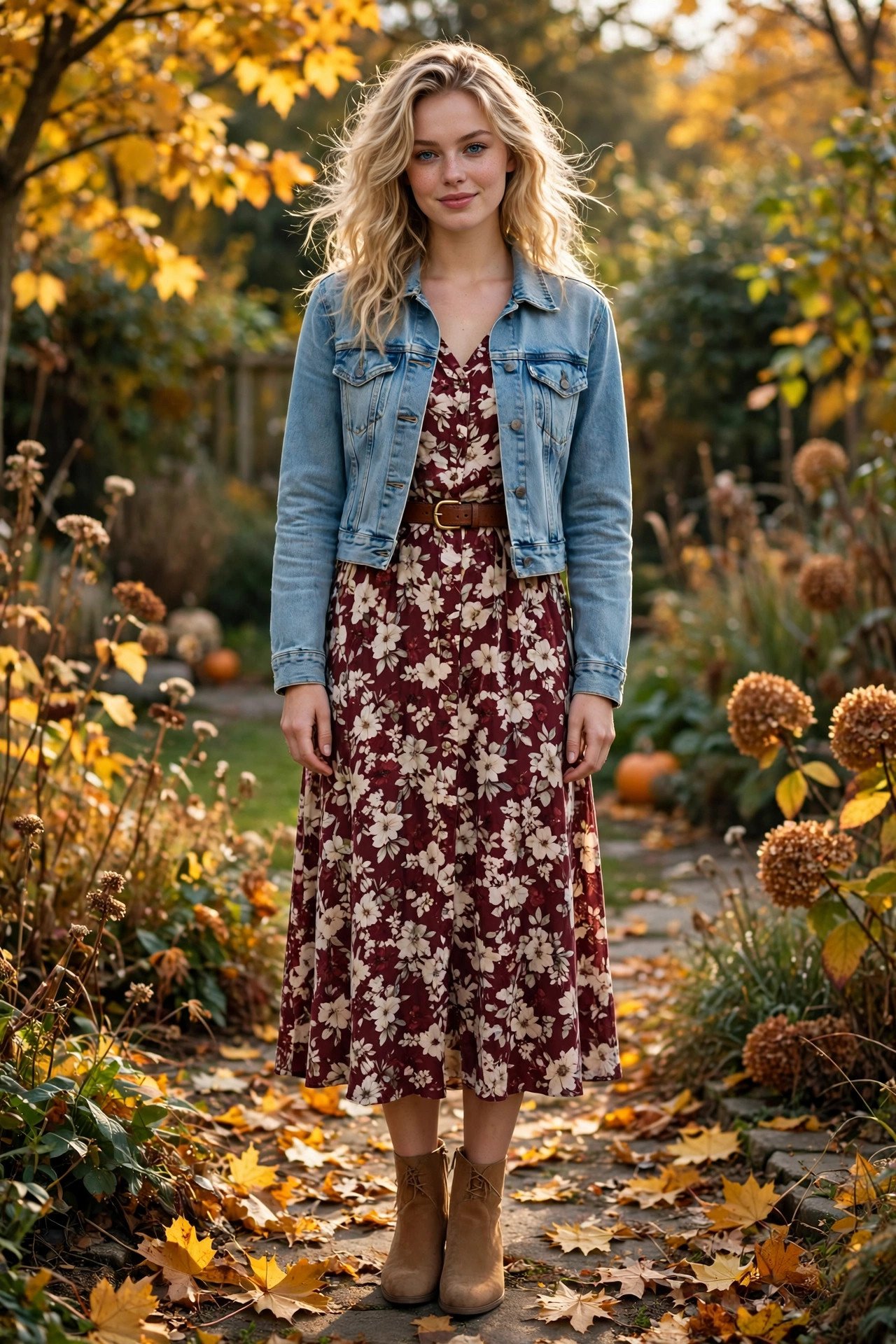 Woman in a burgundy floral midi dress, cropped denim jacket and tan suede ankle boots