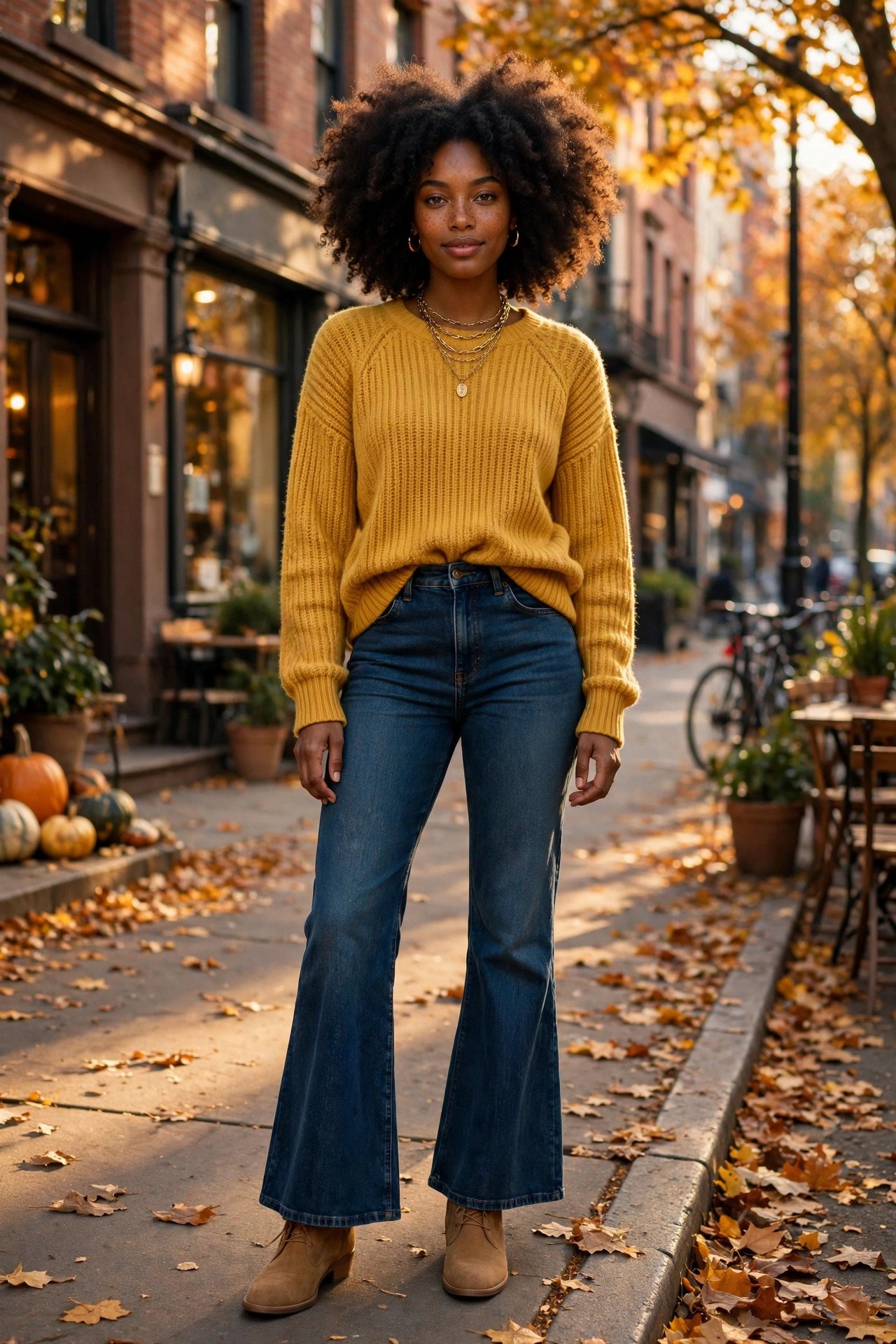 Woman in a mustard-yellow sweater, dark-wash flare jeans and tan suede booties