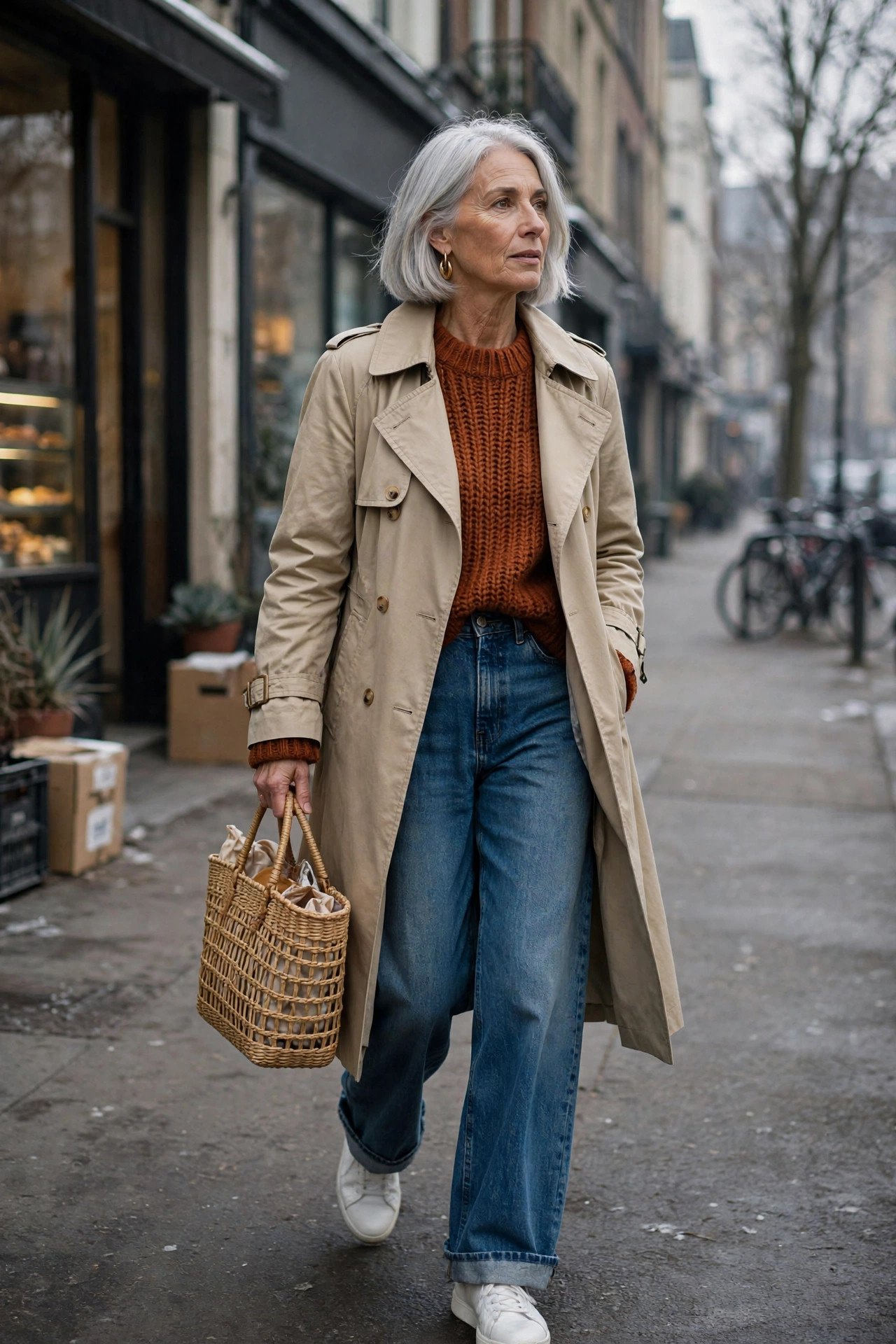 Woman in a beige trench coat over a chunky rust sweater with high-waisted wide-leg jeans and white sneakers