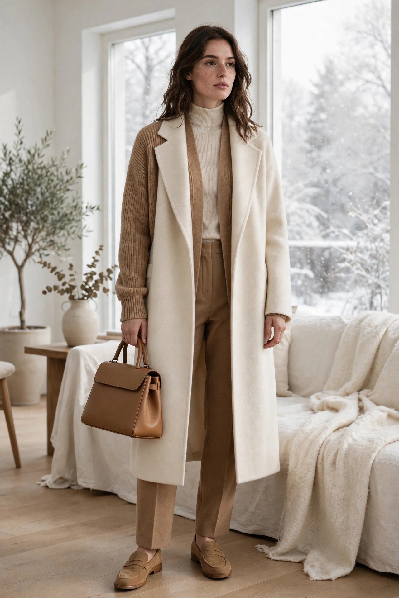 Woman in layered camel and cream monochrome neutrals with a cream turtleneck, camel cardigan and long cream coat