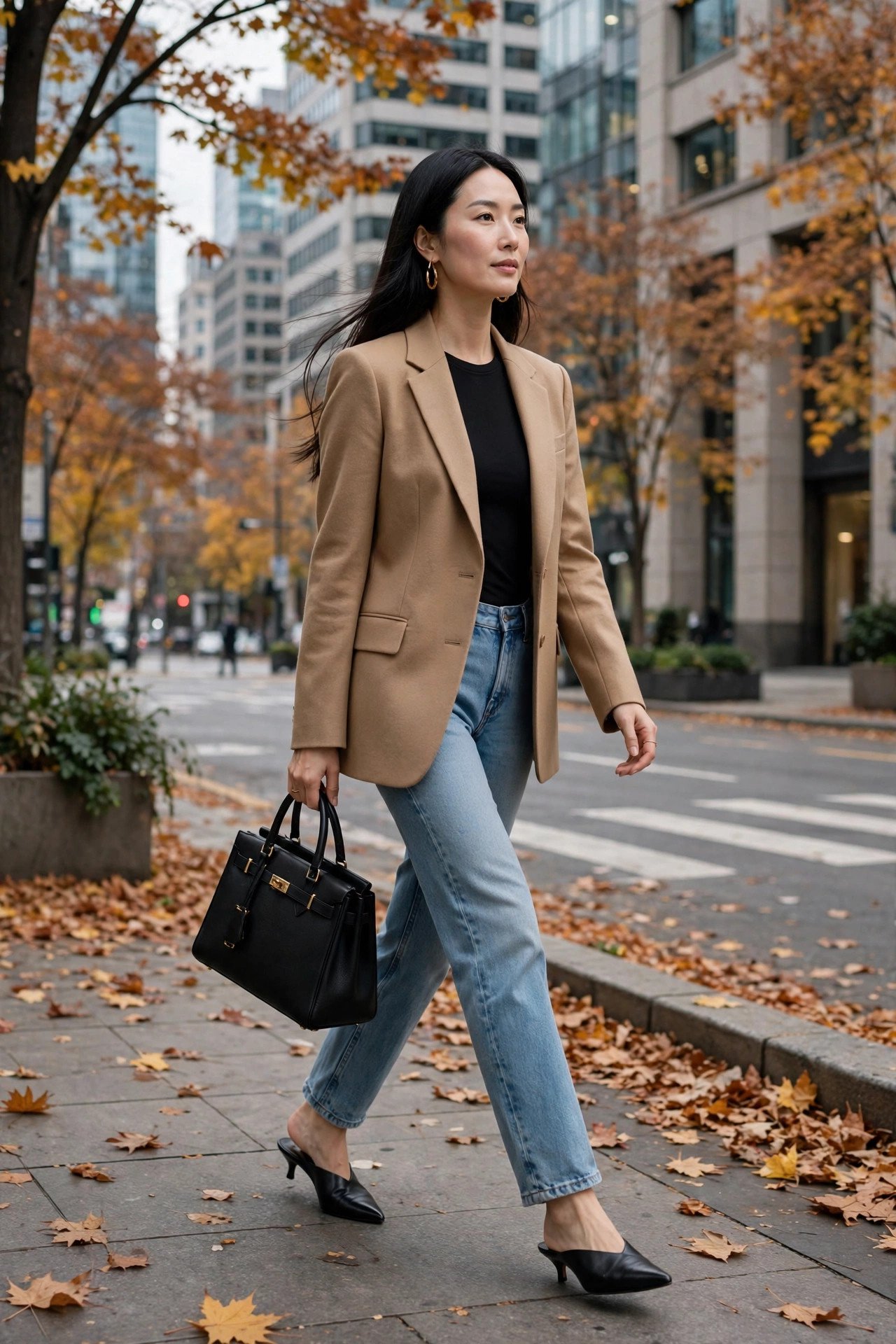 Woman in a tailored tan blazer, black bodysuit, light-wash jeans and black mules
