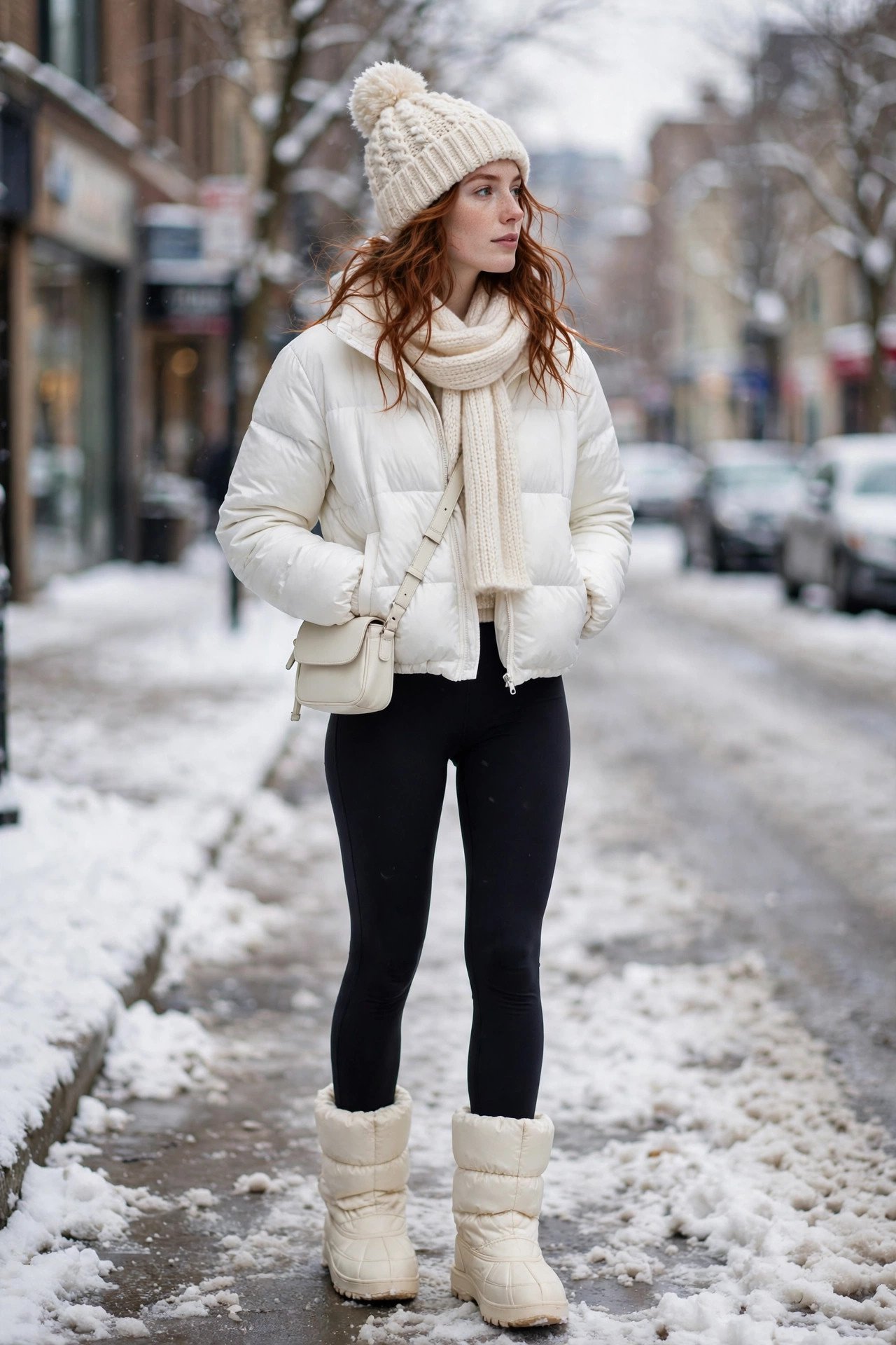 Woman in a cream pom-pom beanie, cropped white puffer jacket, black leggings and cream moon boots in the snow