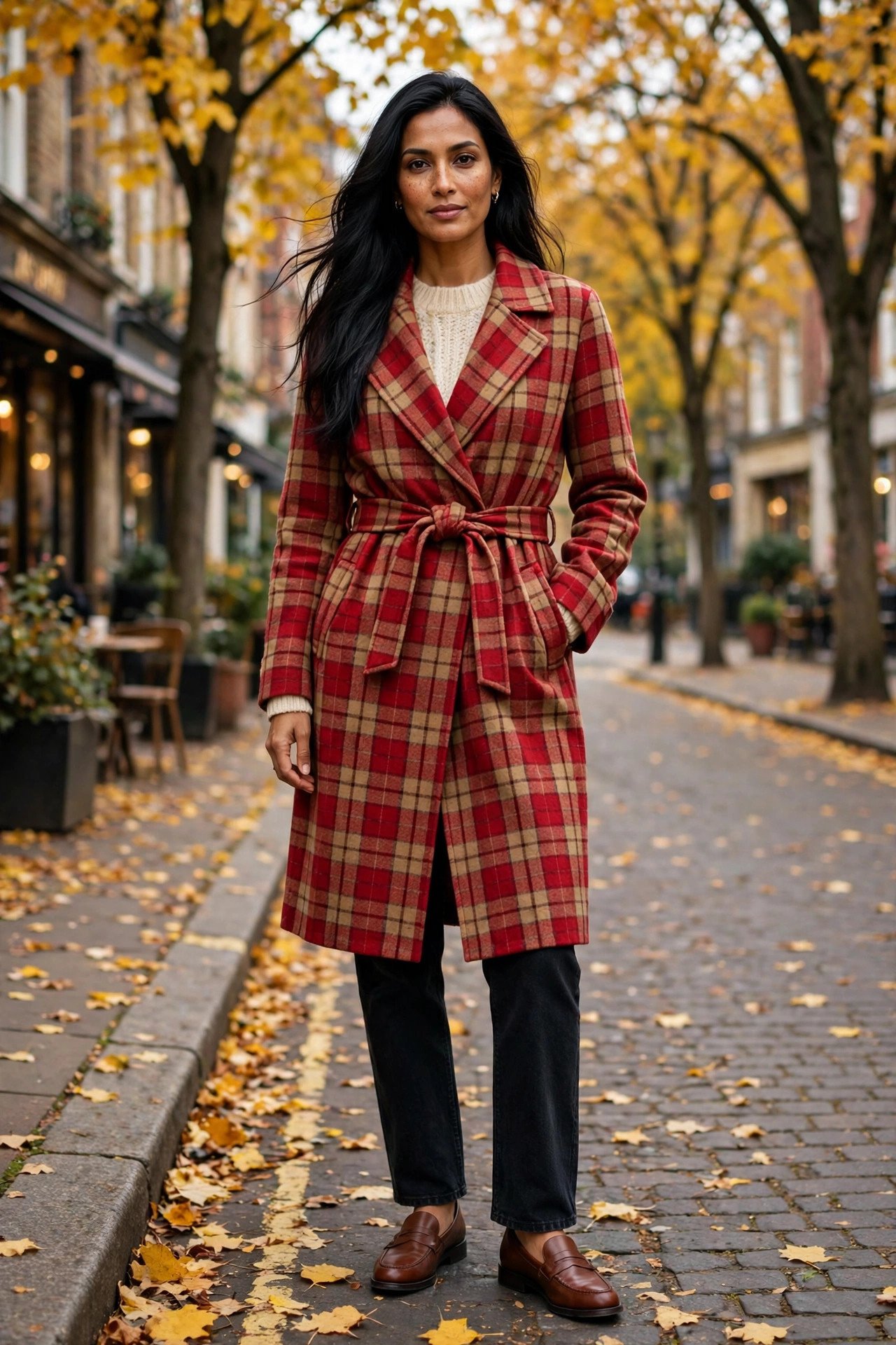 Woman in a red-and-camel plaid wrap coat, cream knit sweater, black jeans and loafers