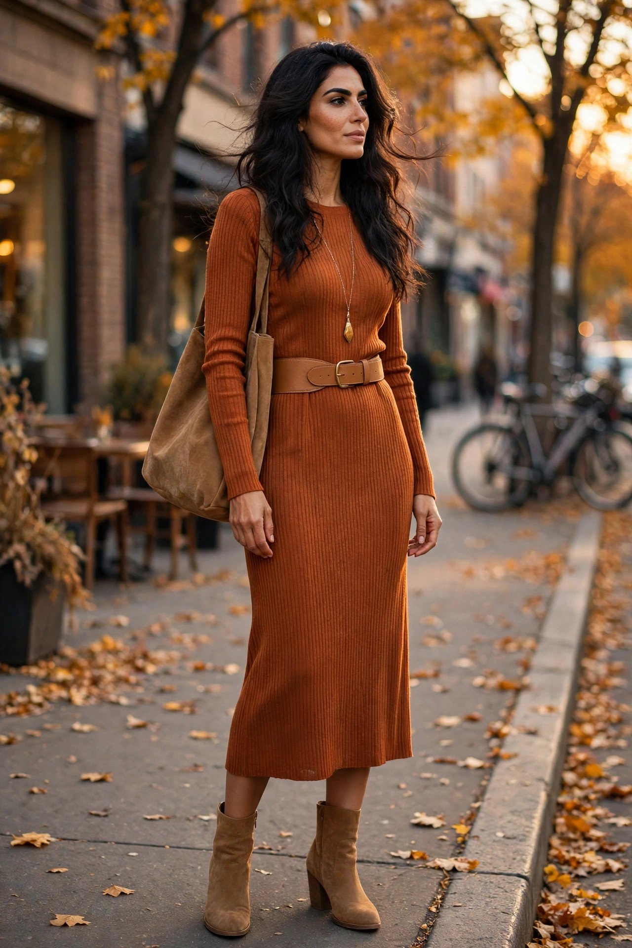Woman in a burnt-orange ribbed knit midi dress with a tan belt and suede ankle boots