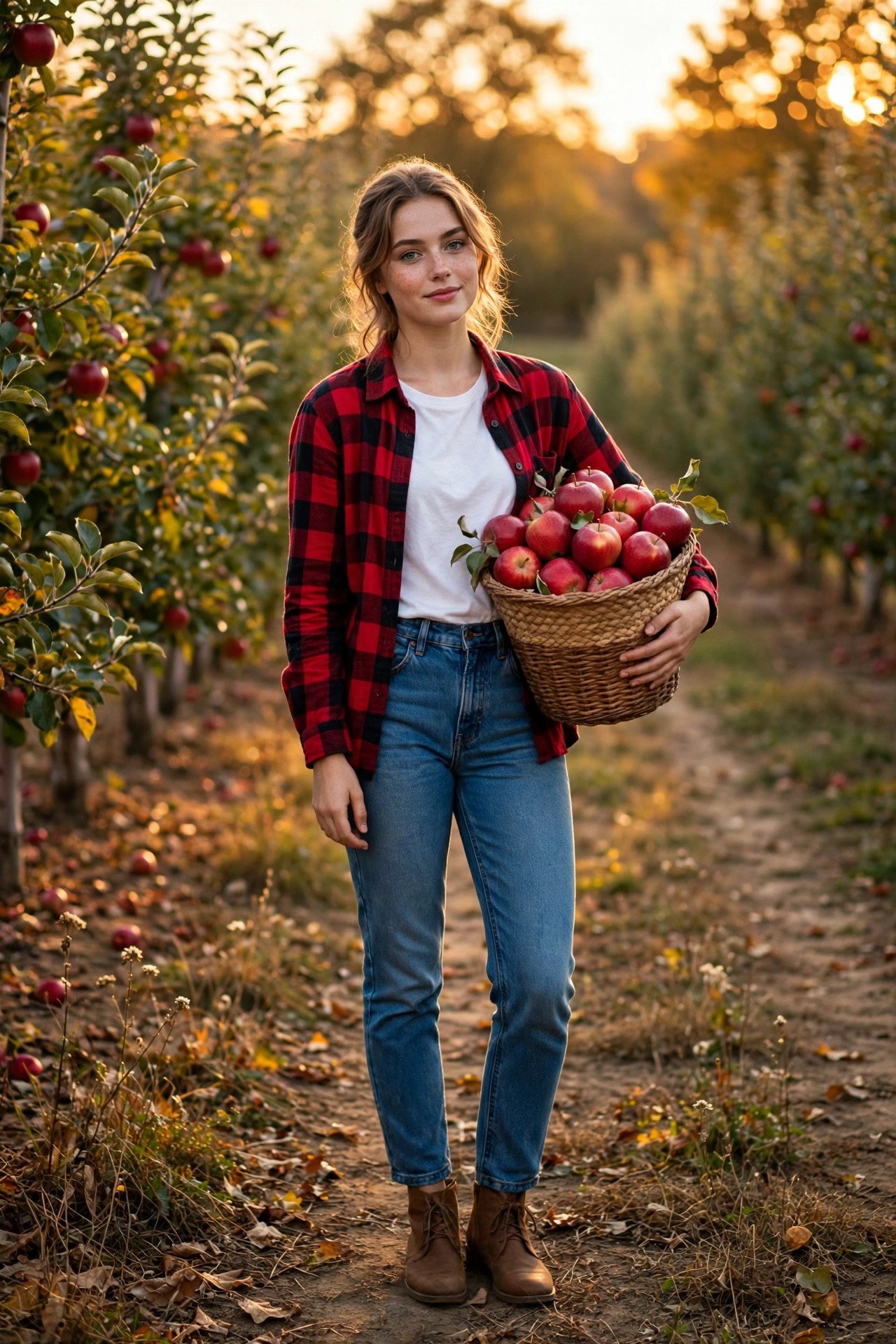 Woman in a red buffalo plaid flannel shirt and jeans holding a woven basket of red apples in a sunlit apple orchard
