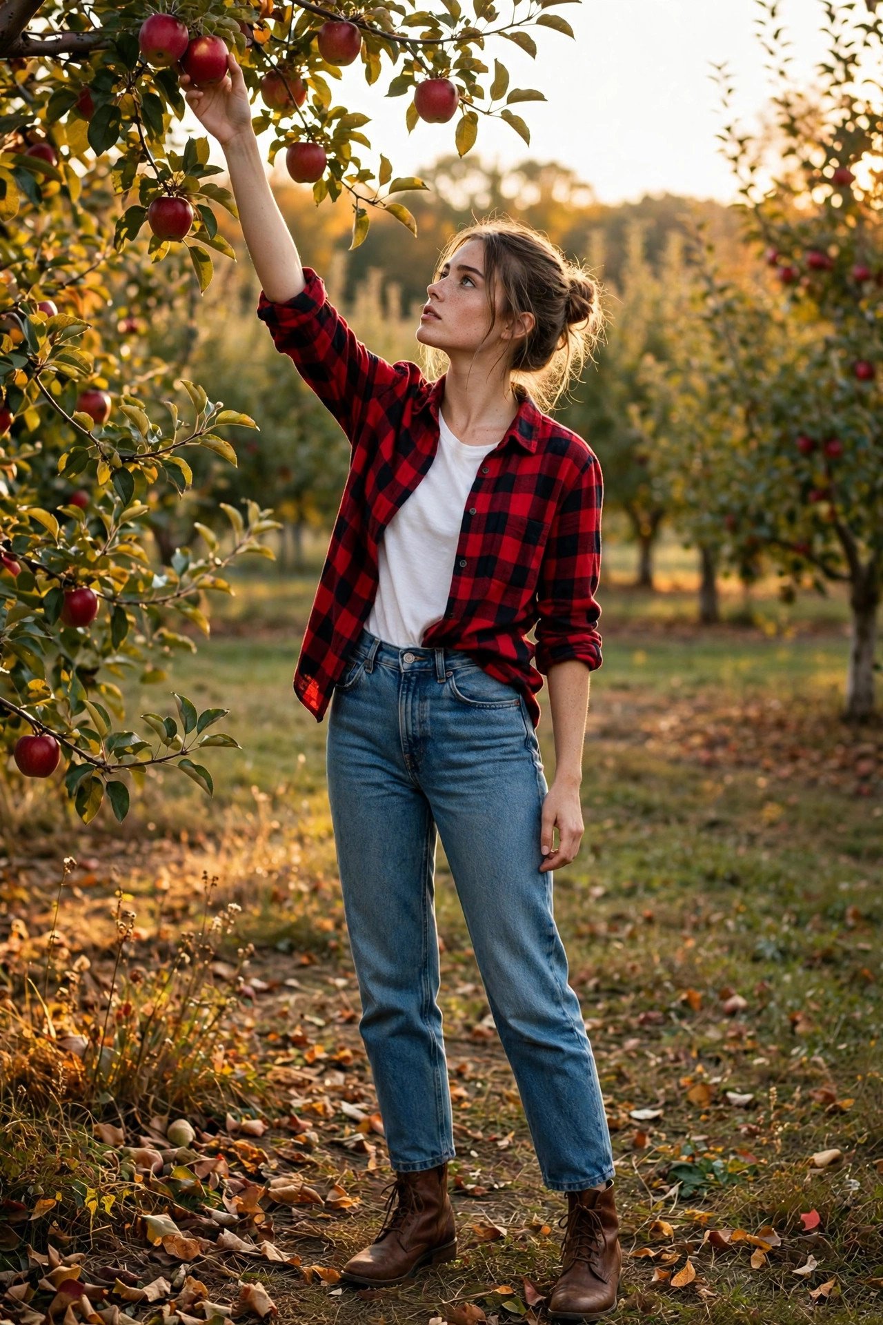Woman in a red buffalo plaid flannel shirt and high-waisted mom jeans picking apples in an orchard