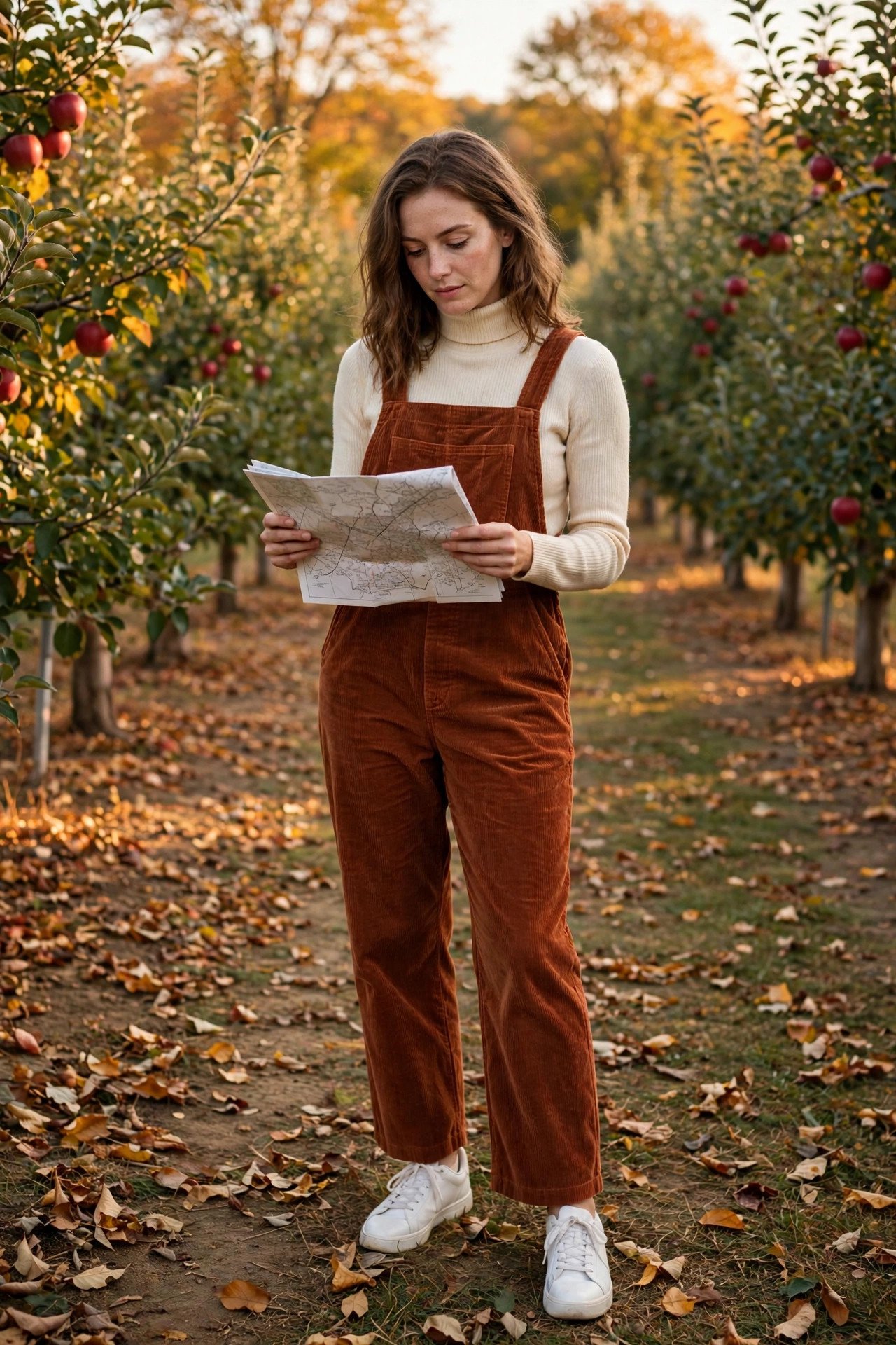 Woman in rust corduroy overalls over a cream turtleneck with white sneakers at an apple orchard