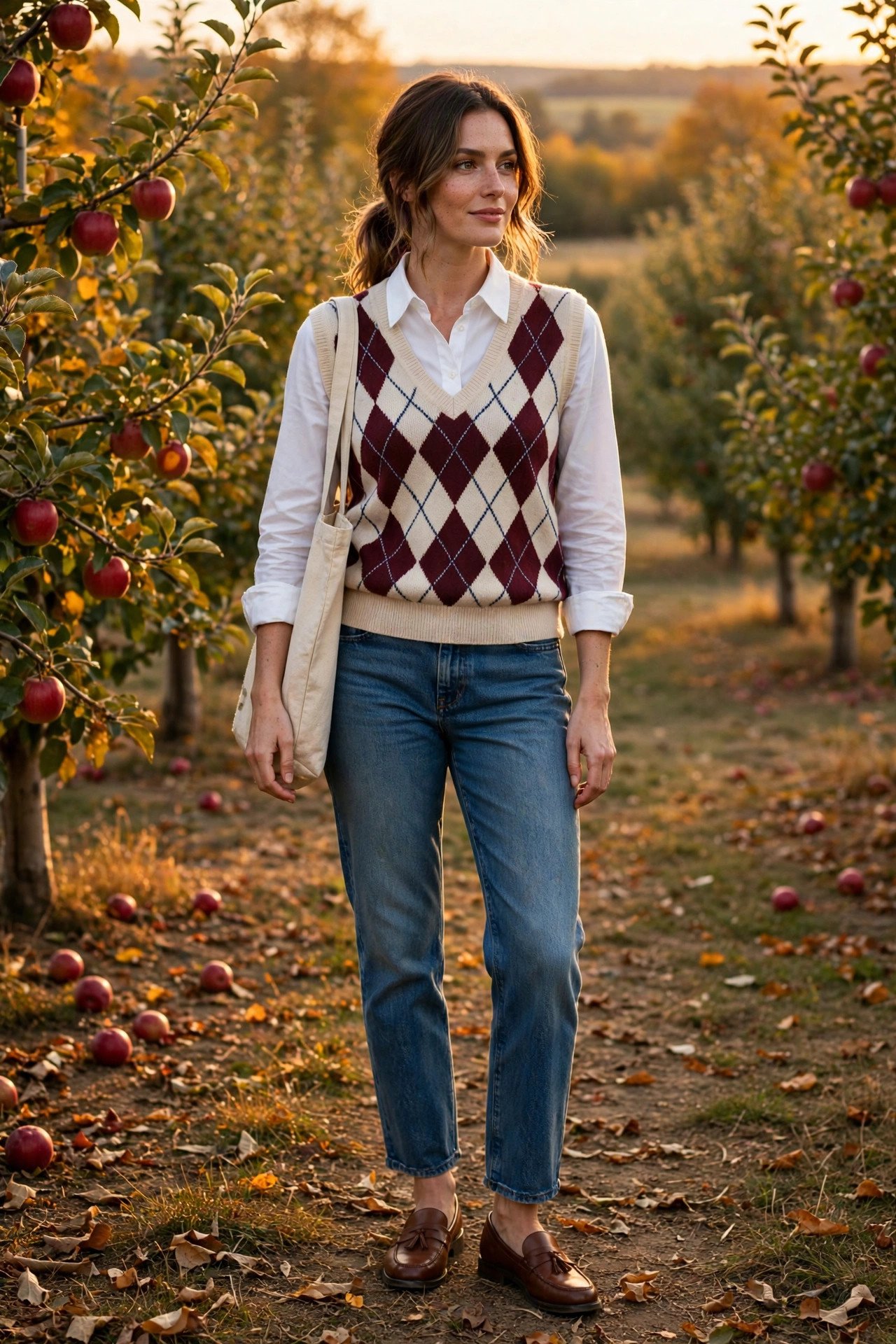Woman in a white button-down shirt, argyle sweater vest, straight-leg jeans and loafers at an apple orchard