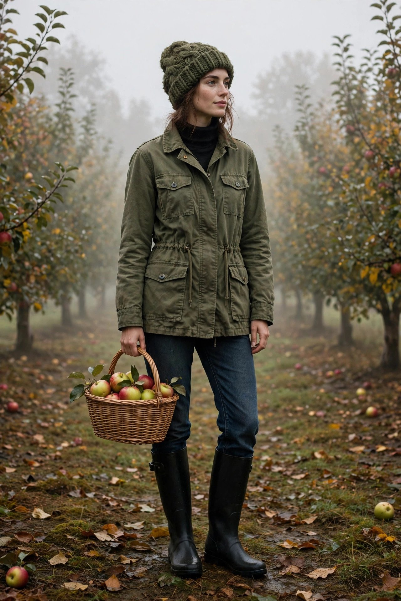 Woman in an olive utility jacket, jeans, rain boots and a beanie picking apples on a misty day