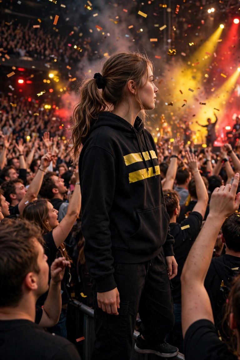 Young woman at a concert wearing a black hoodie with yellow tape stripes, crowd with raised hands, yellow and red stage lights and confetti in the air