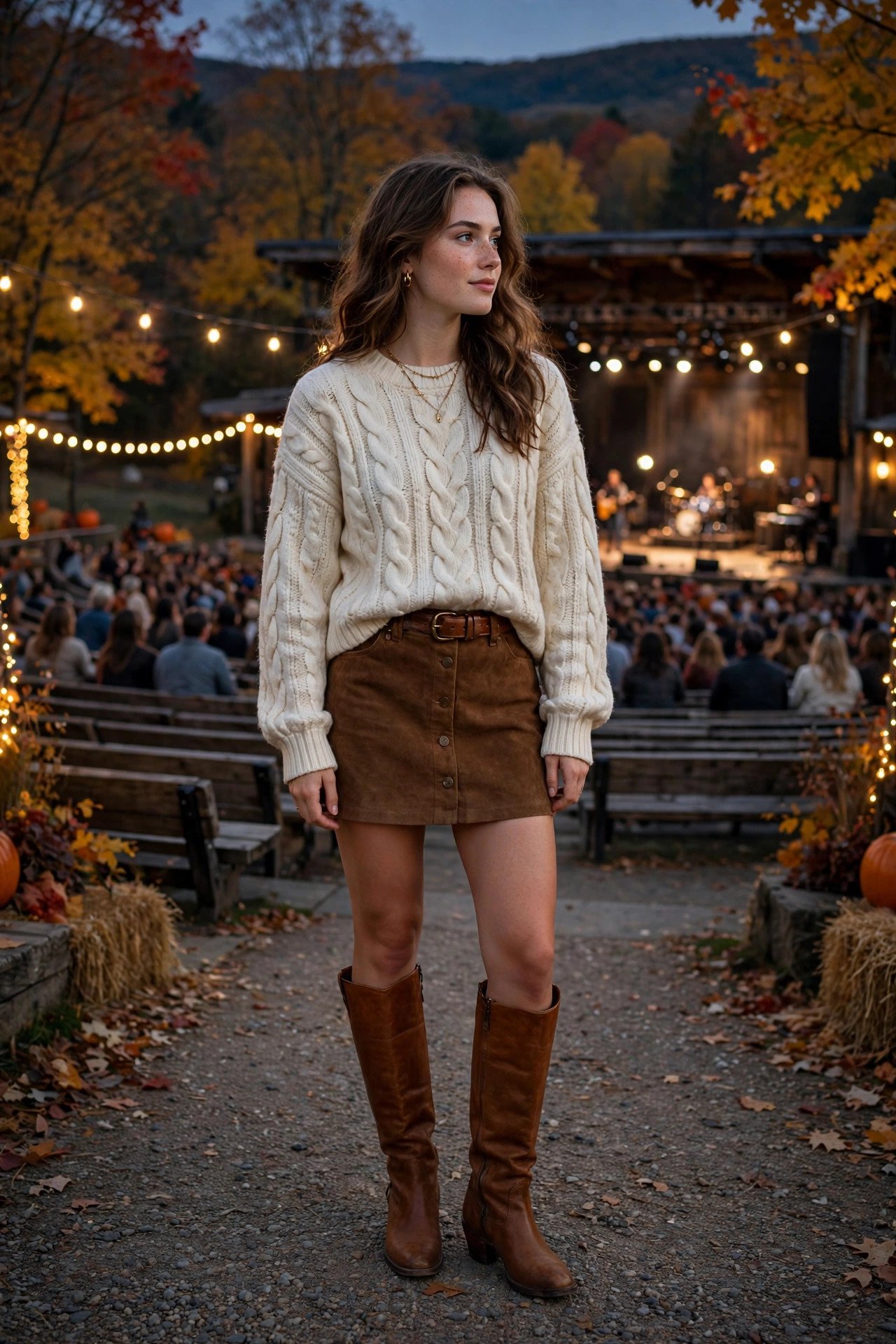 Young woman at a fall country concert wearing a brown suede mini skirt, a cream cable-knit sweater and cognac knee-high leather boots