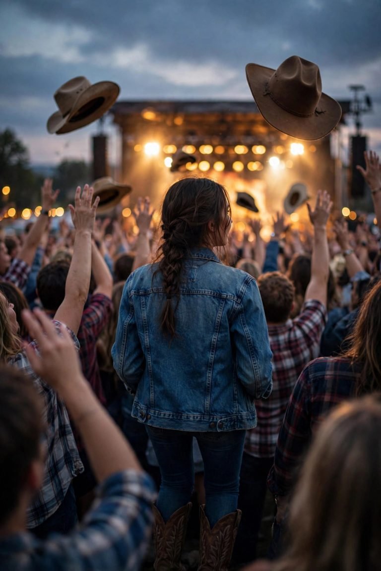 Young woman in a denim jacket and cowboy boots among a country concert crowd with raised hands, glowing stage lights and cowboy hats in the air at dusk