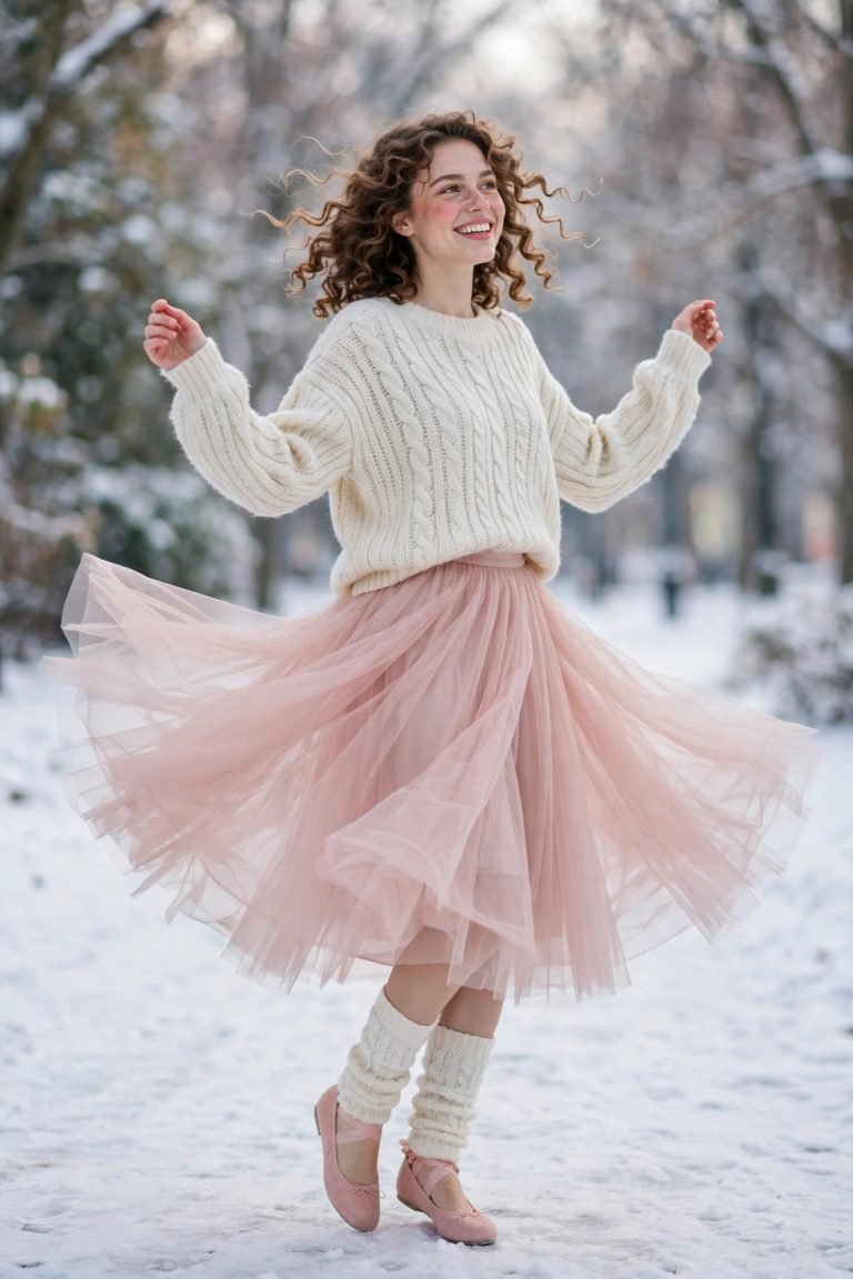 Joyful young woman twirling in a blush pink tulle midi skirt, cream knit sweater, white leg warmers and pink ballet flats in a snowy park