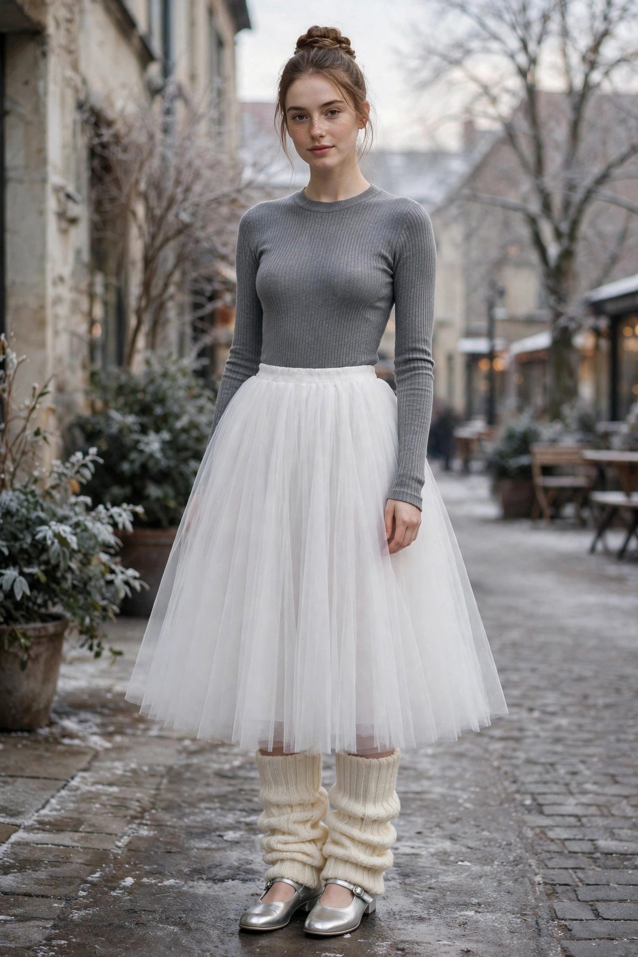 Grey ribbed knit bodysuit with white tulle midi skirt, cream leg warmers and silver Mary Jane shoes in soft winter light