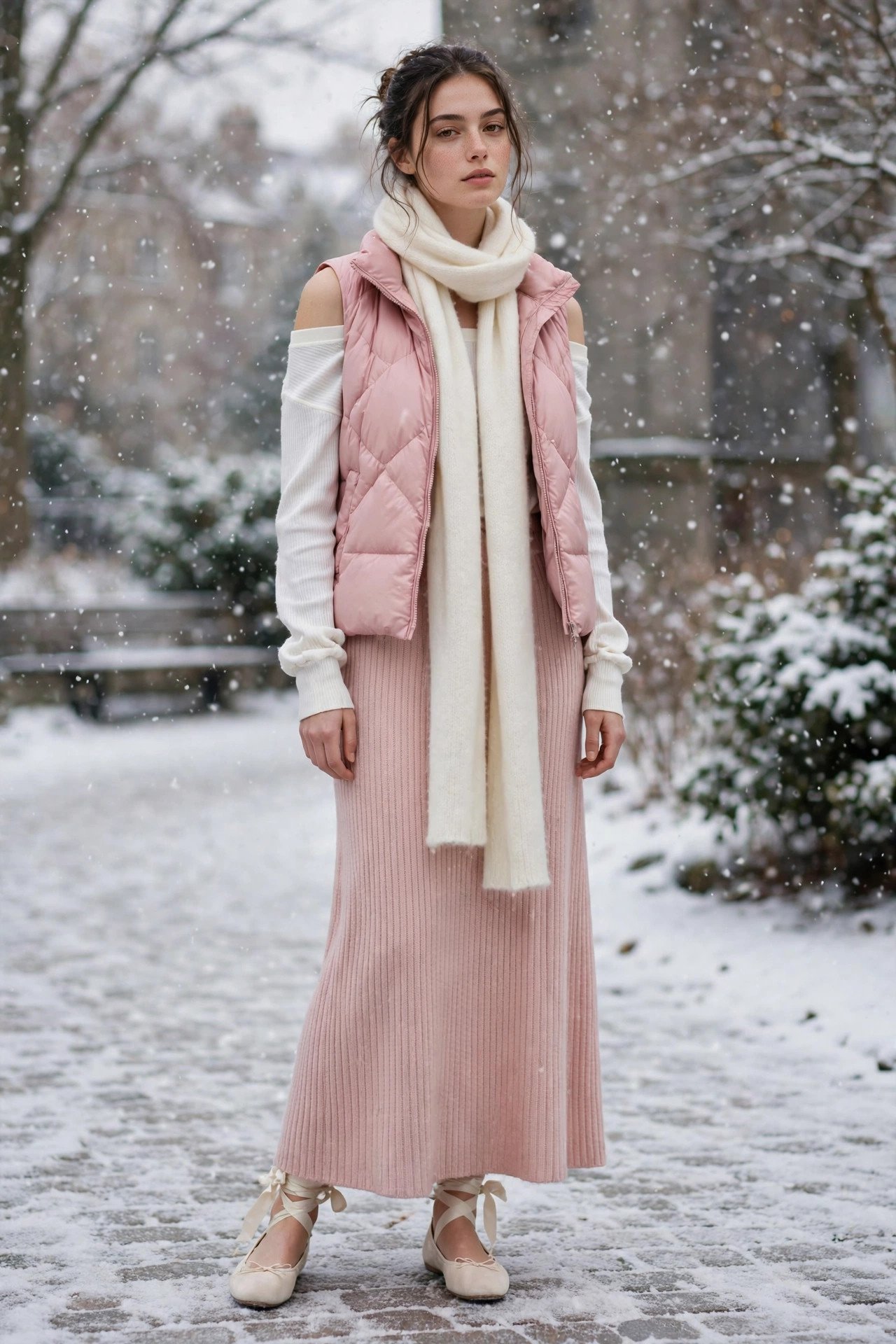 Soft pink puffer vest over white off-shoulder thermal top with blush knit maxi skirt and cream ballet flats in falling snow