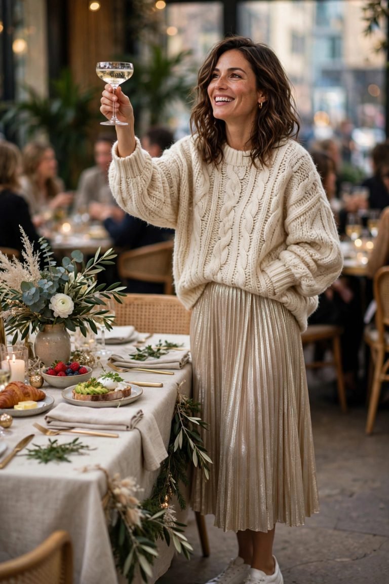 Radiant woman in a cream oversized sweater and champagne pleated midi skirt raising a champagne coupe at an elegant New Year's Day brunch table