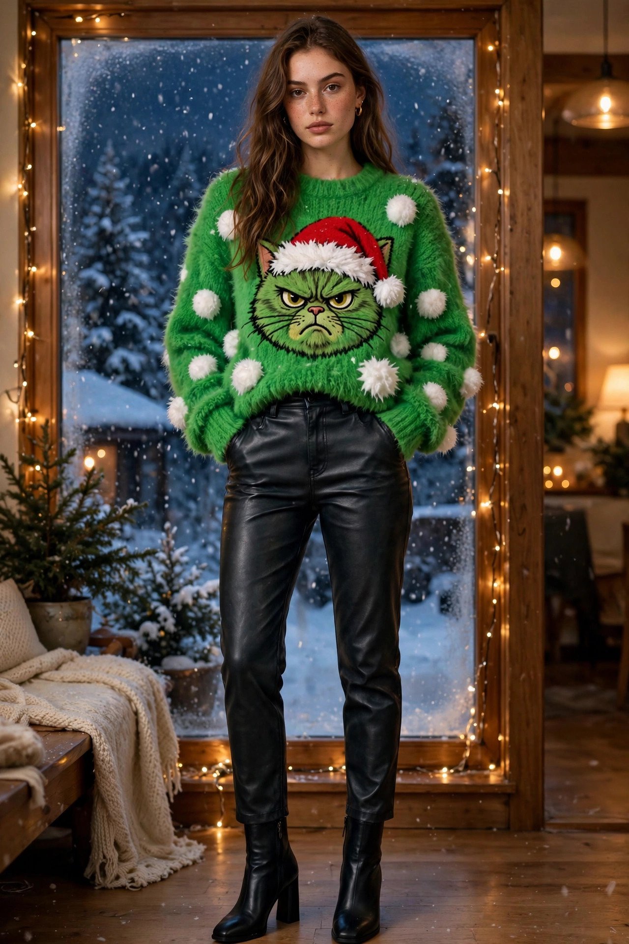 Young woman in a fuzzy bright-green ugly Christmas sweater with a grumpy cat in a Santa hat and pom-pom snowballs, dark high-waisted faux-leather pants and black heeled ankle boots