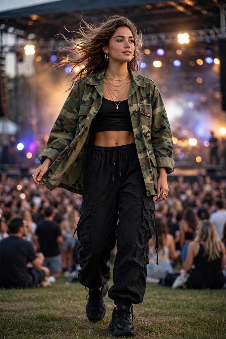 Woman in a Rihanna-inspired concert outfit with an oversized camo jacket, gold jewelry and cargo pants at an outdoor concert