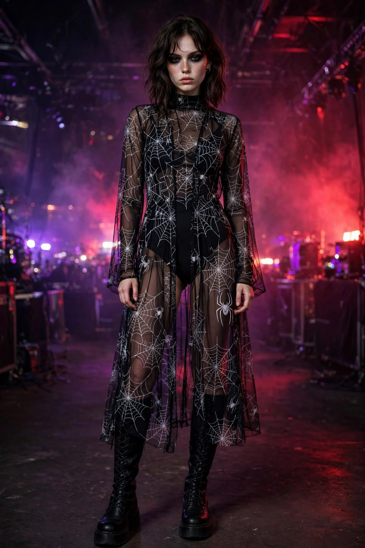 Young woman wearing a sheer black dress with white spiderweb print over a black bodysuit and knee-high lace-up boots, with dark smoky eye makeup