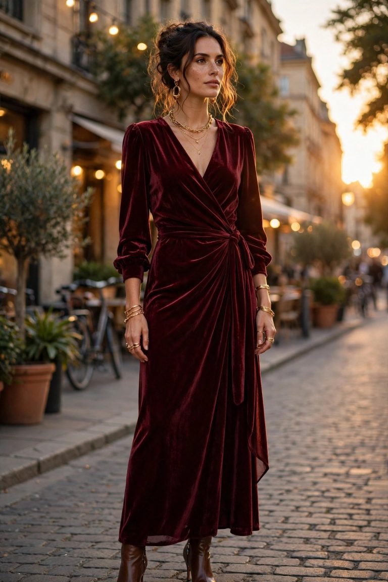 Woman wearing a luxurious burgundy velvet wrap dress with gold jewellery in warm evening light