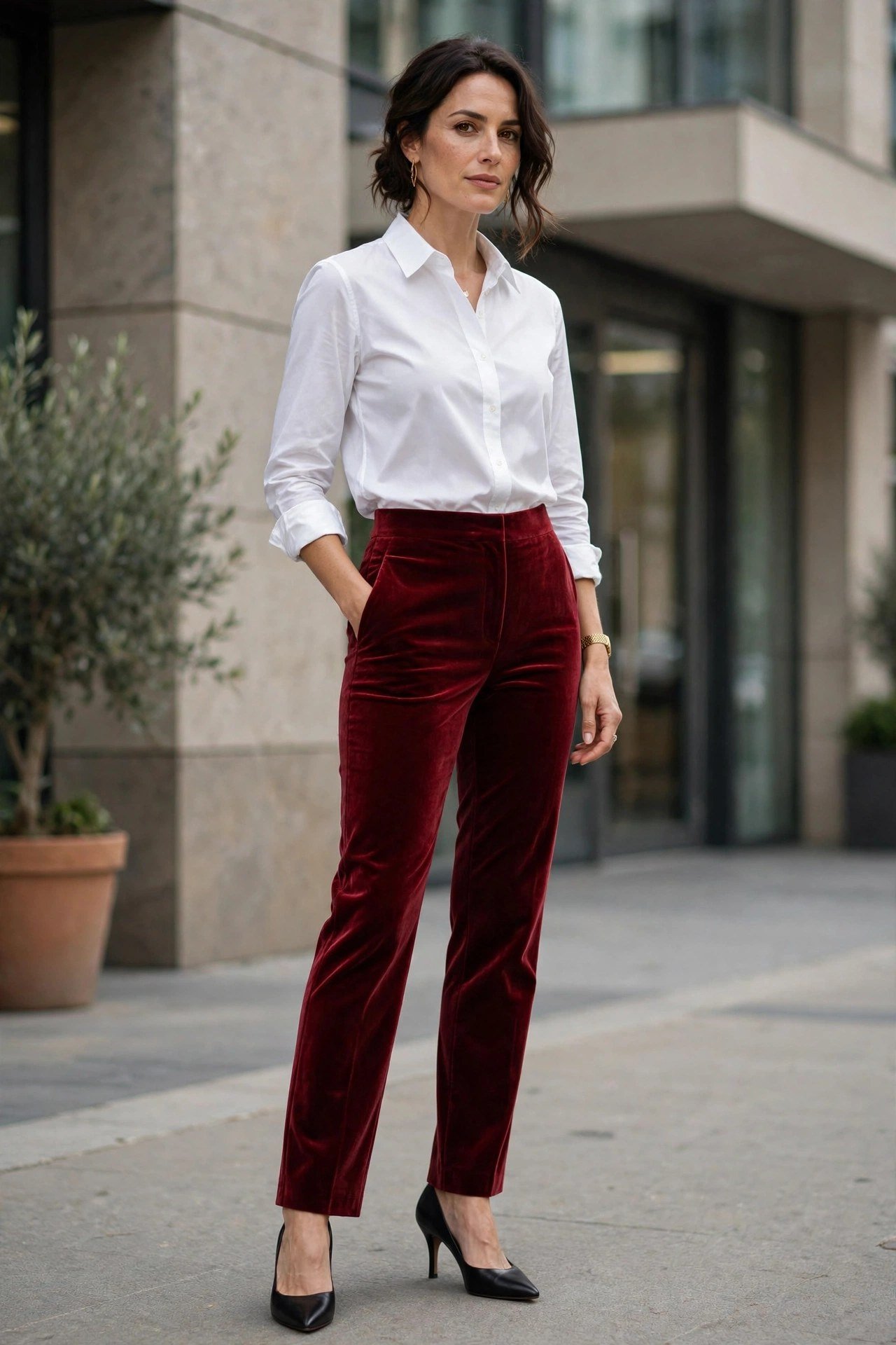 Woman wearing wine-red velvet straight-leg pants with a crisp white button-down shirt and pointed heels