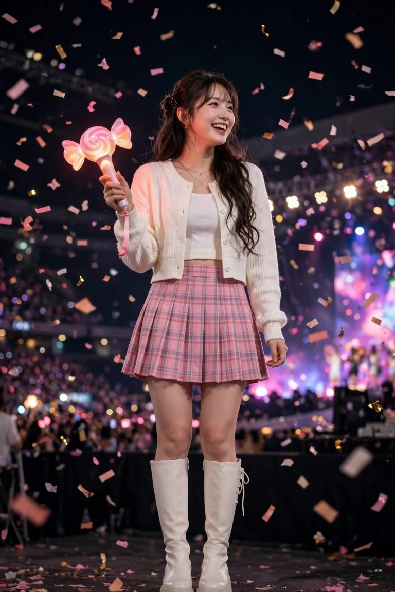 Woman at a K-pop concert at night wearing a pink plaid mini skirt, white cropped cardigan and knee-high white boots, holding a glowing pink-and-apricot lightstick with confetti in the air