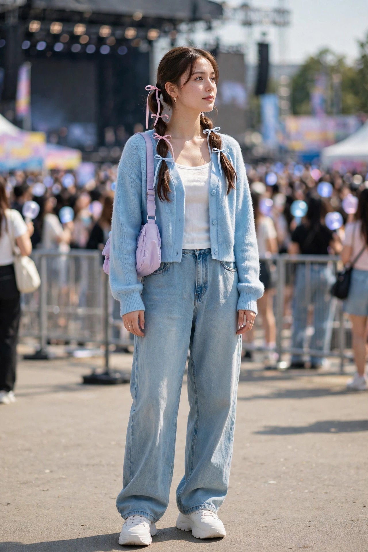 Young woman at an outdoor concert venue wearing light-wash baggy denim jeans, a baby-blue cropped cardigan over a white tank top, white chunky sneakers and a pastel shoulder bag
