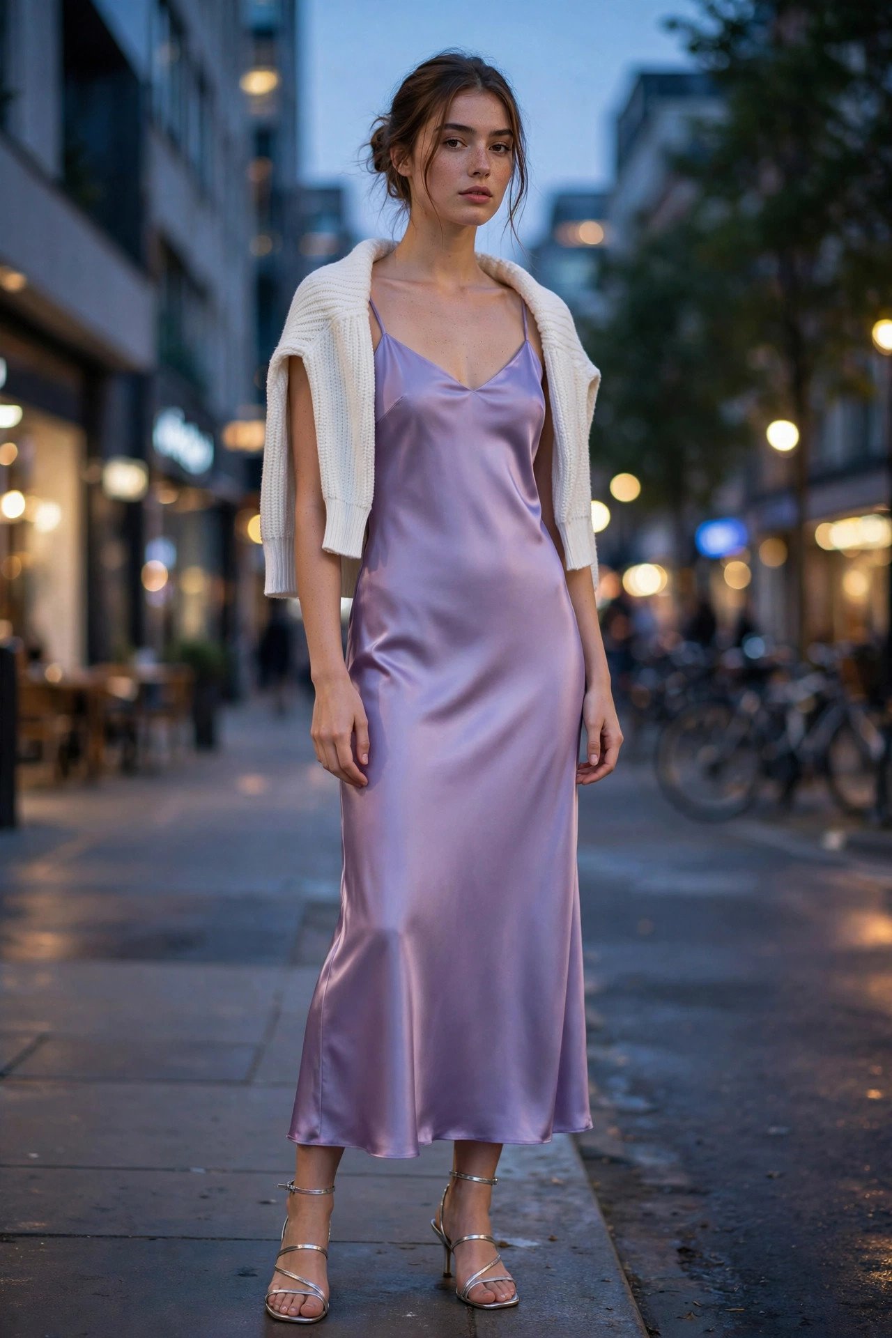 Young woman wearing a lavender satin slip dress with a white cropped cardigan draped over her shoulders and silver strappy sandals in soft evening light