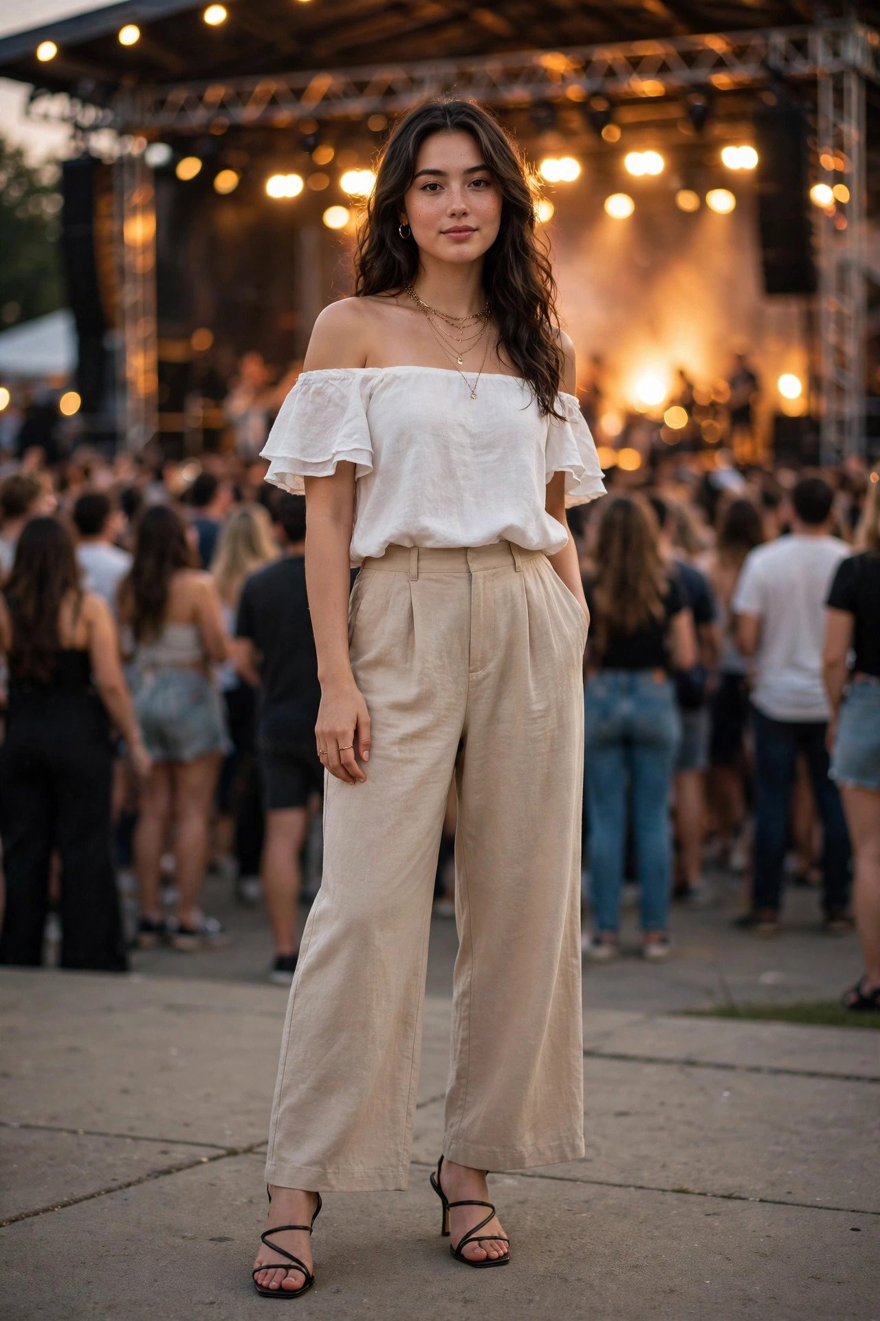 Woman in an off-shoulder white top with beige wide-leg pants, strappy heels and layered necklaces at a concert