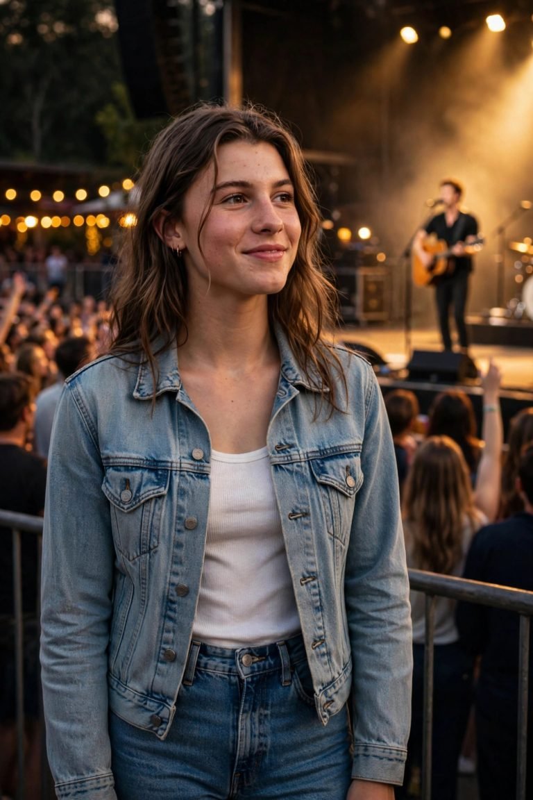 Young woman at a Shawn Mendes concert wearing a light-wash denim jacket over a white tank top and high-waist jeans, warm golden stage lights and a concert crowd glowing behind her