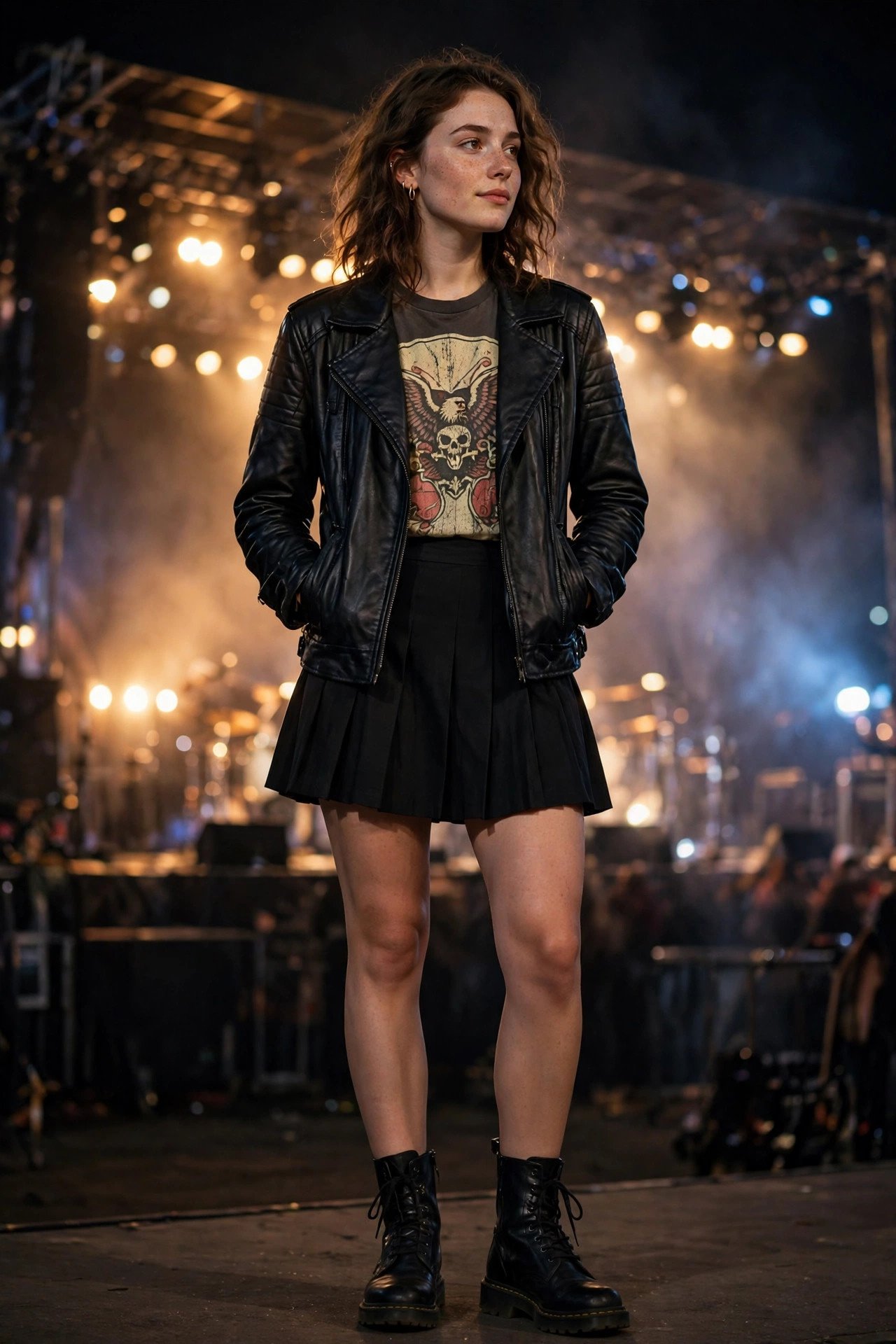 Young woman at a concert wearing a black faux-leather jacket over a vintage graphic band t-shirt, black pleated mini skirt and black combat boots