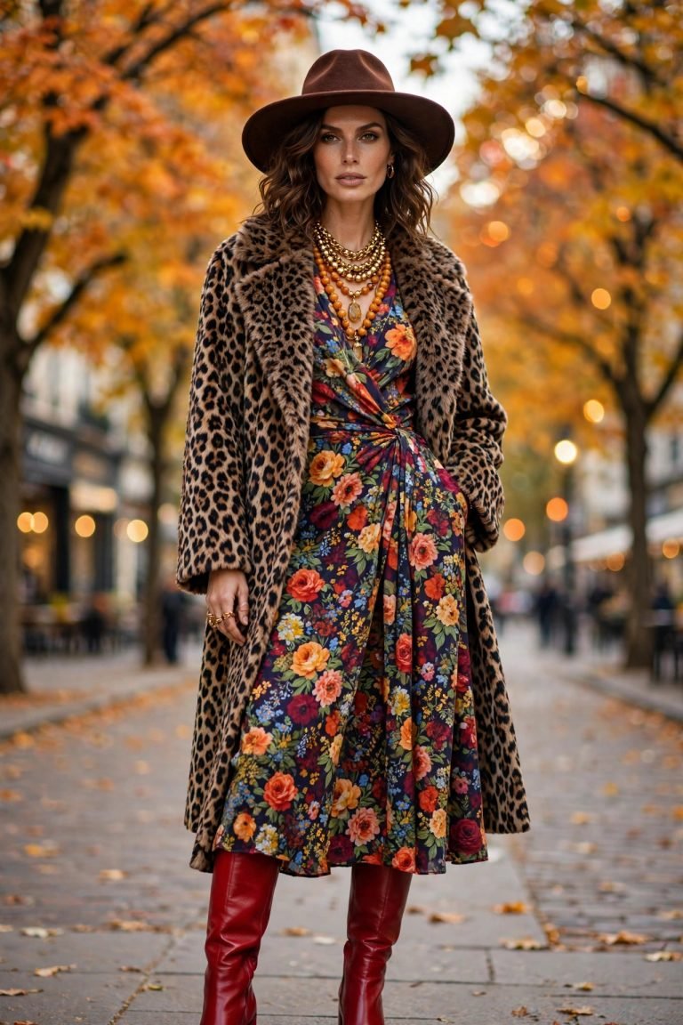 Woman in a maximalist fall outfit with a leopard-print coat open over a floral midi dress, layered necklaces, red knee-high boots and a wide-brim hat on an autumn boulevard with orange foliage